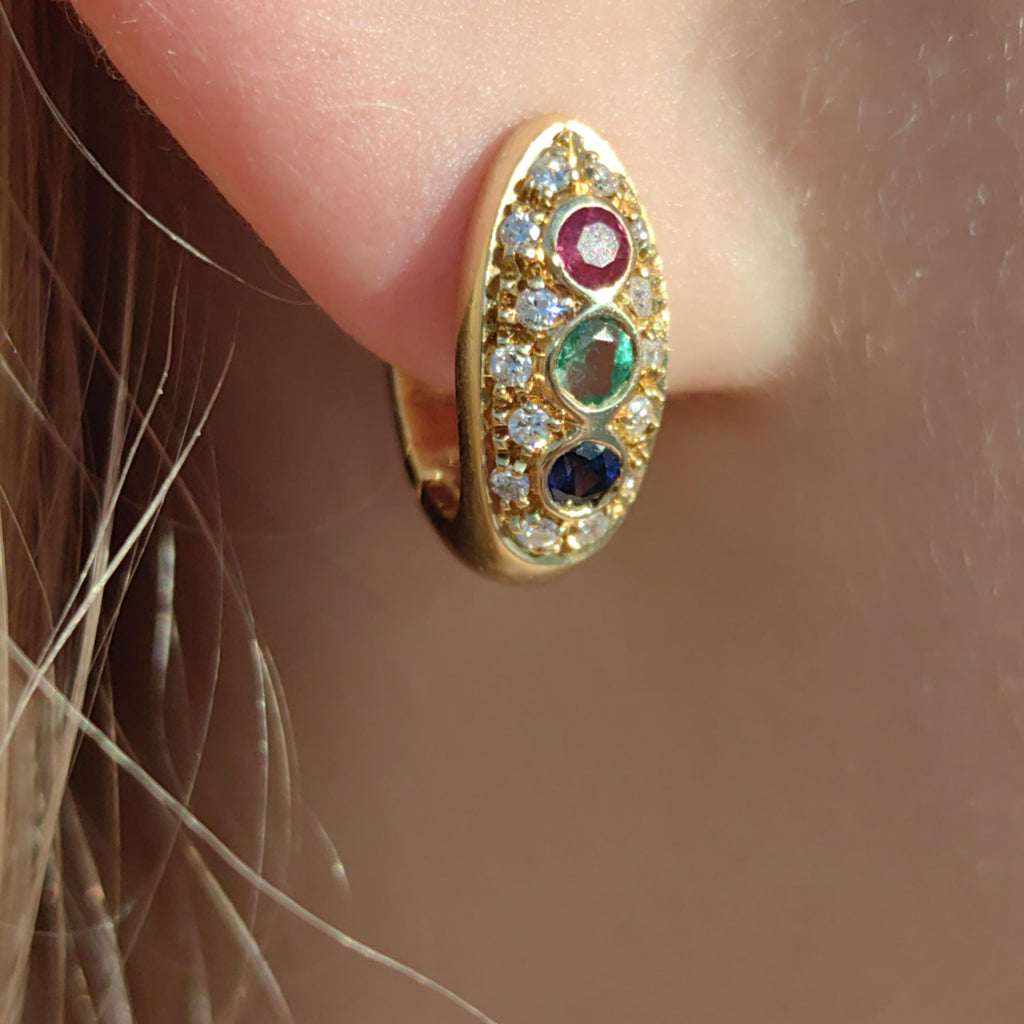 18k Gold Tutti Frutti Gemstone Hoop Earrings: Diamond, Ruby, Sapphire, Emerald