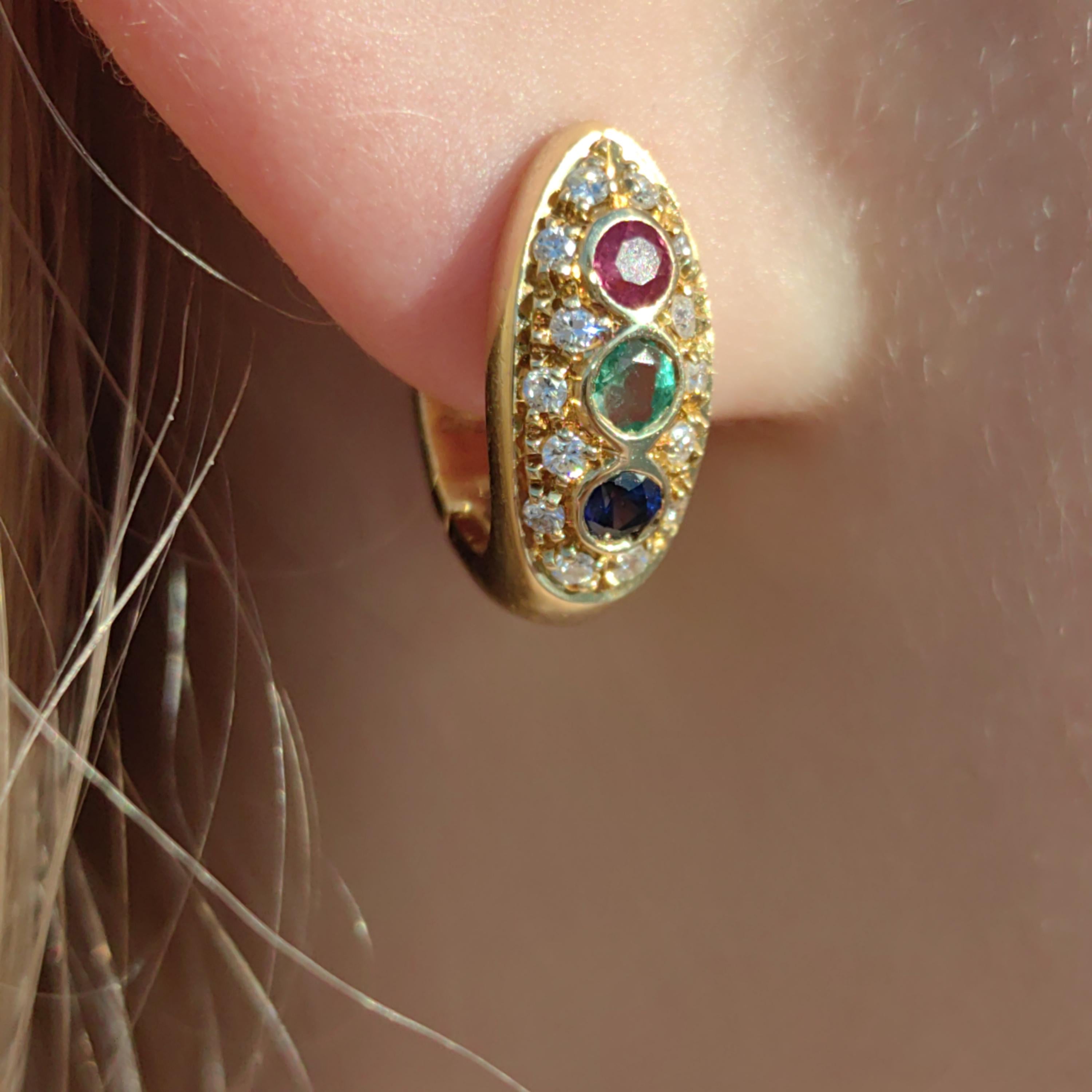 18k Gold Tutti Frutti Gemstone Hoop Earrings: Diamond, Ruby, Sapphire, Emerald