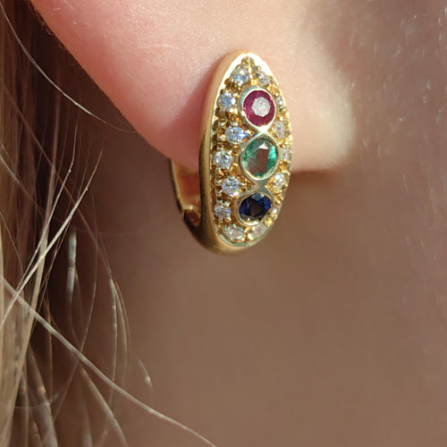 18k Gold Tutti Frutti Gemstone Hoop Earrings: Diamond, Ruby, Sapphire, Emerald