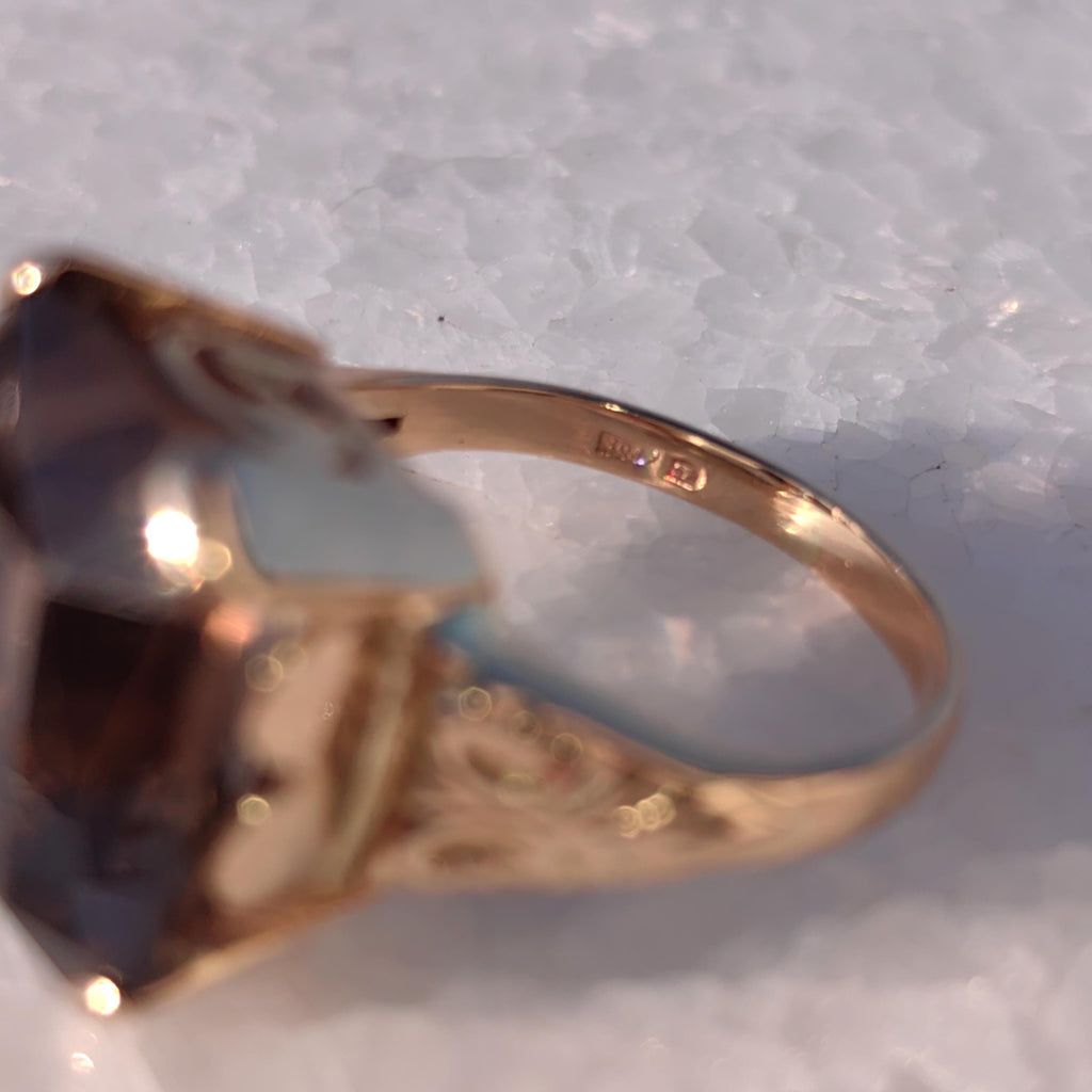 Smoky Topaz Art Deco Ring: 14k Yellow Gold, 1940s Statement