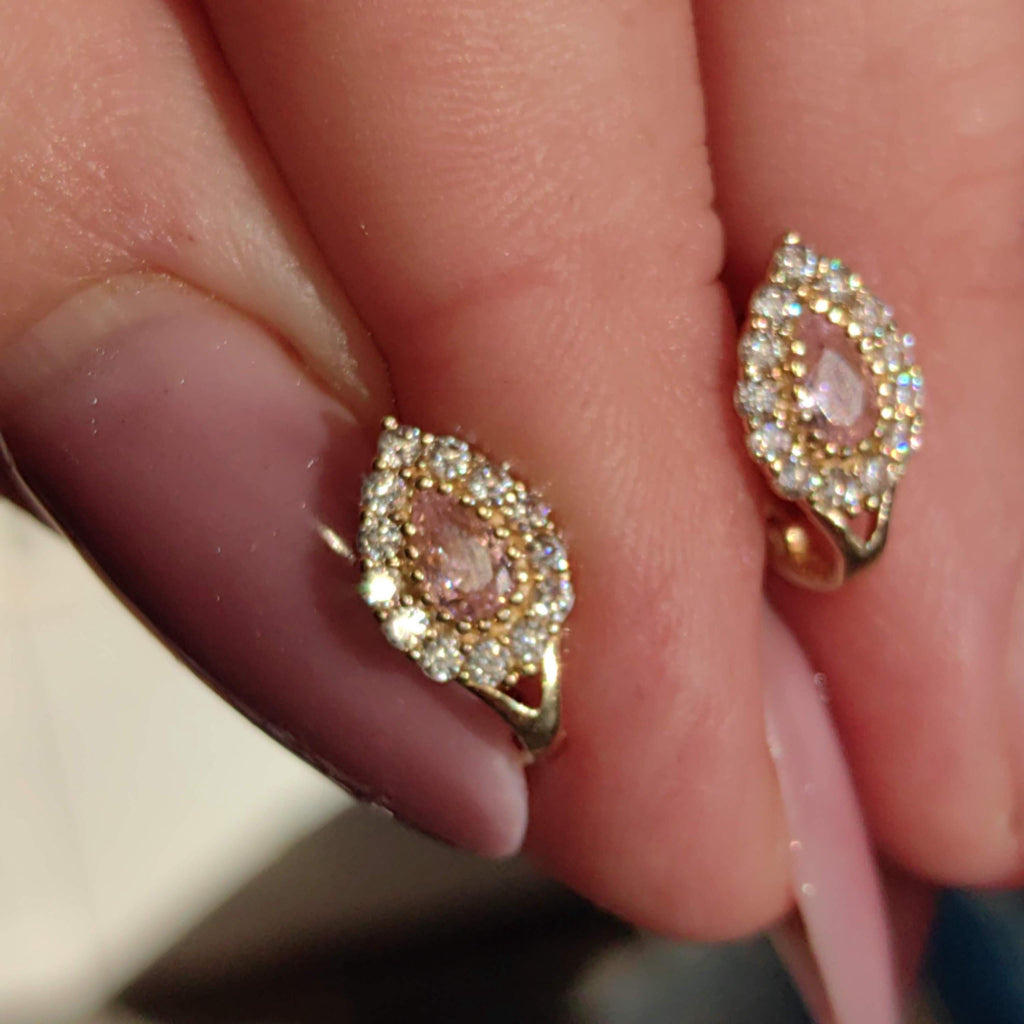 Vintage Solid Yellow Gold cubic zirconia Pink Stone Drop Floral cluster omega closure Earrings Gift for Her