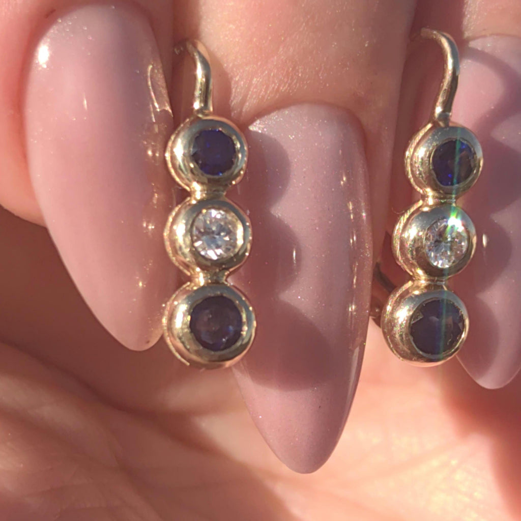 Vintage 14k Gold Sapphire Diamond Lever Back Earrings – Elegant Dainty Dormeuses