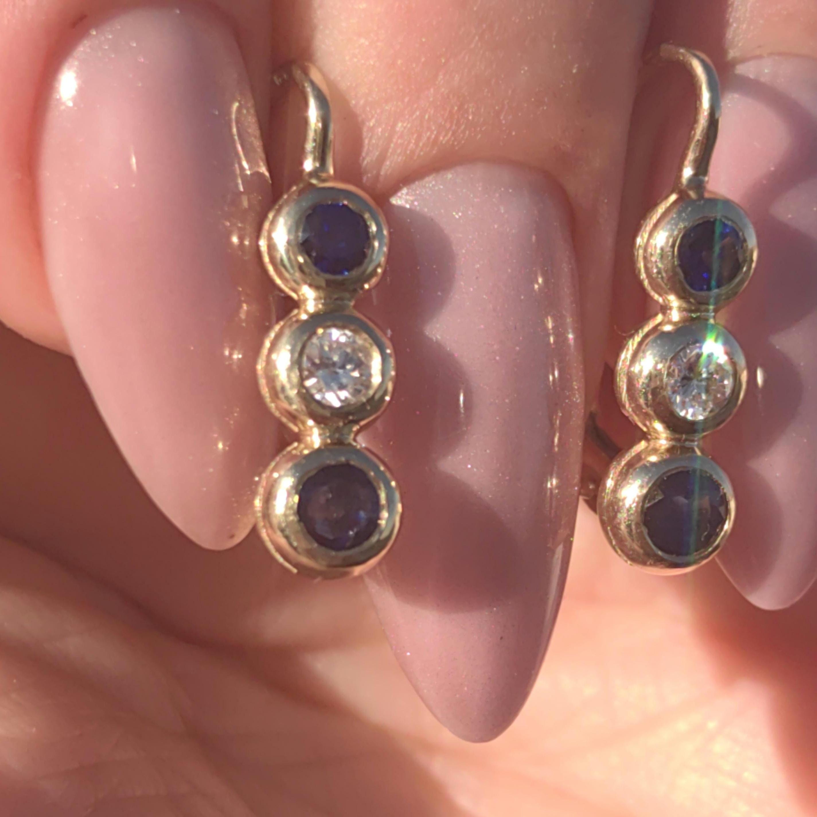 Vintage 14k Gold Sapphire Diamond Lever Back Earrings – Elegant Dainty Dormeuses