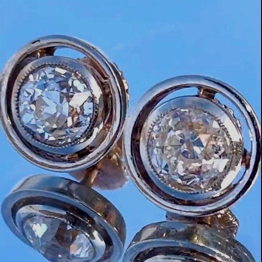Antique 1.3ct Old European Cut Diamond 14k Gold Earrings