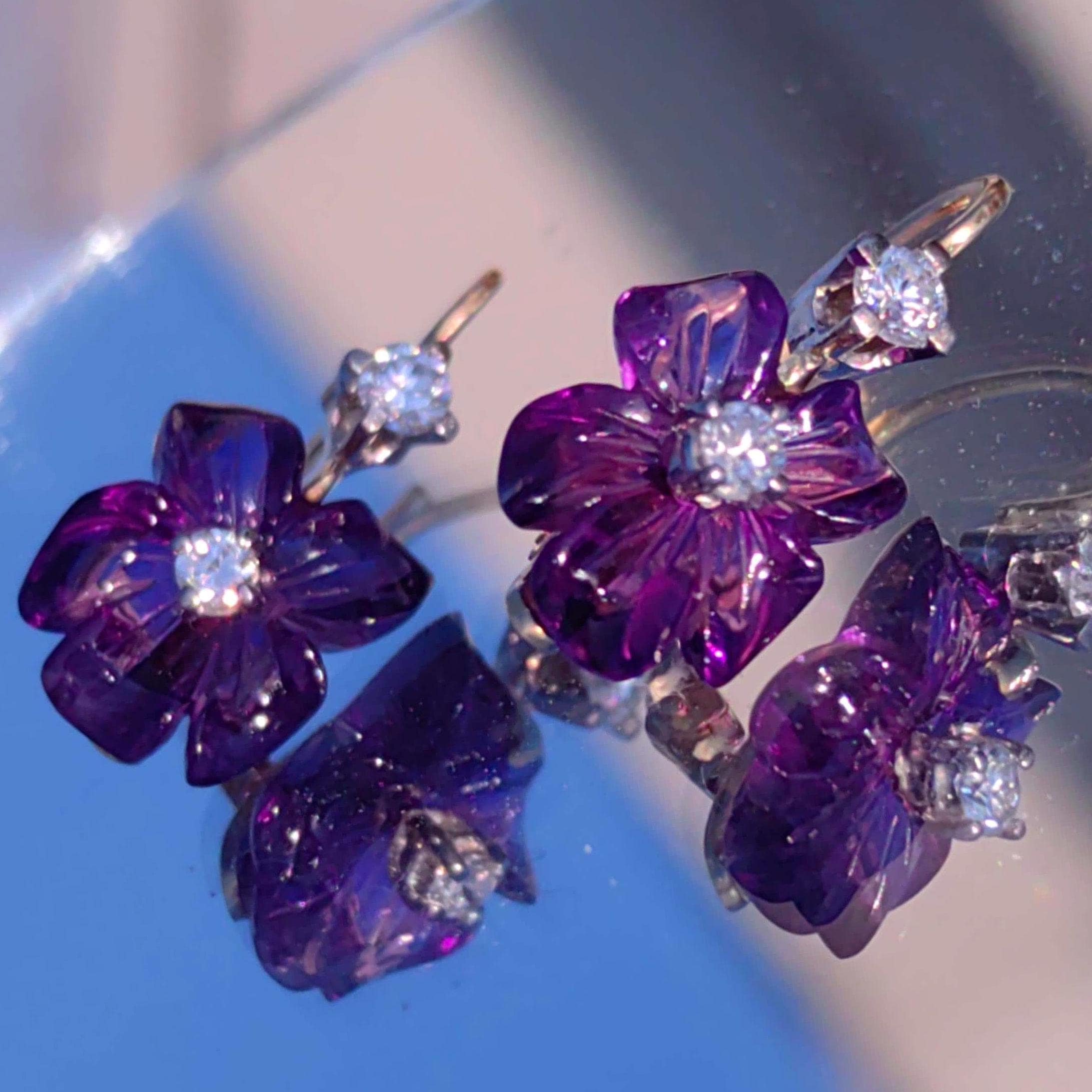 Natural Amethyst and Diamond 18k Solid Gold Flower Sleepers Dormeuse Vintage Antique 1950s Elegant Purple Crystal Earrings Gift for Her