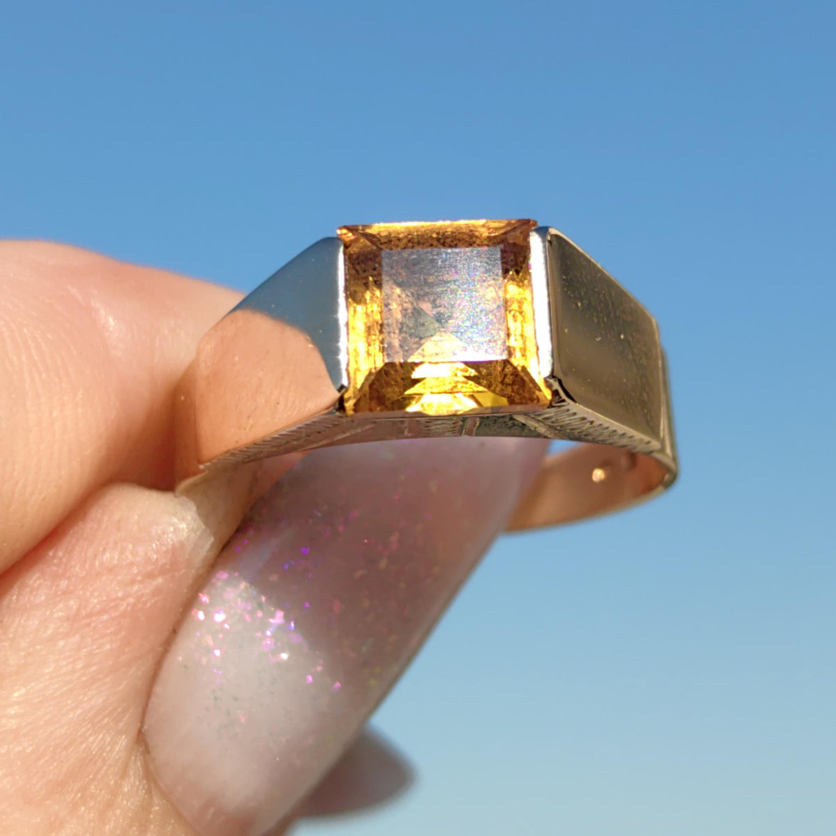 Art Deco Citrine Statement Ring: 14k Yellow & Rose Gold, 1940s Vintage