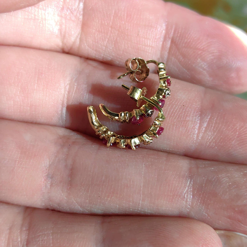 Vintage 14k Yellow Gold Ruby & Diamond Hoop Earrings