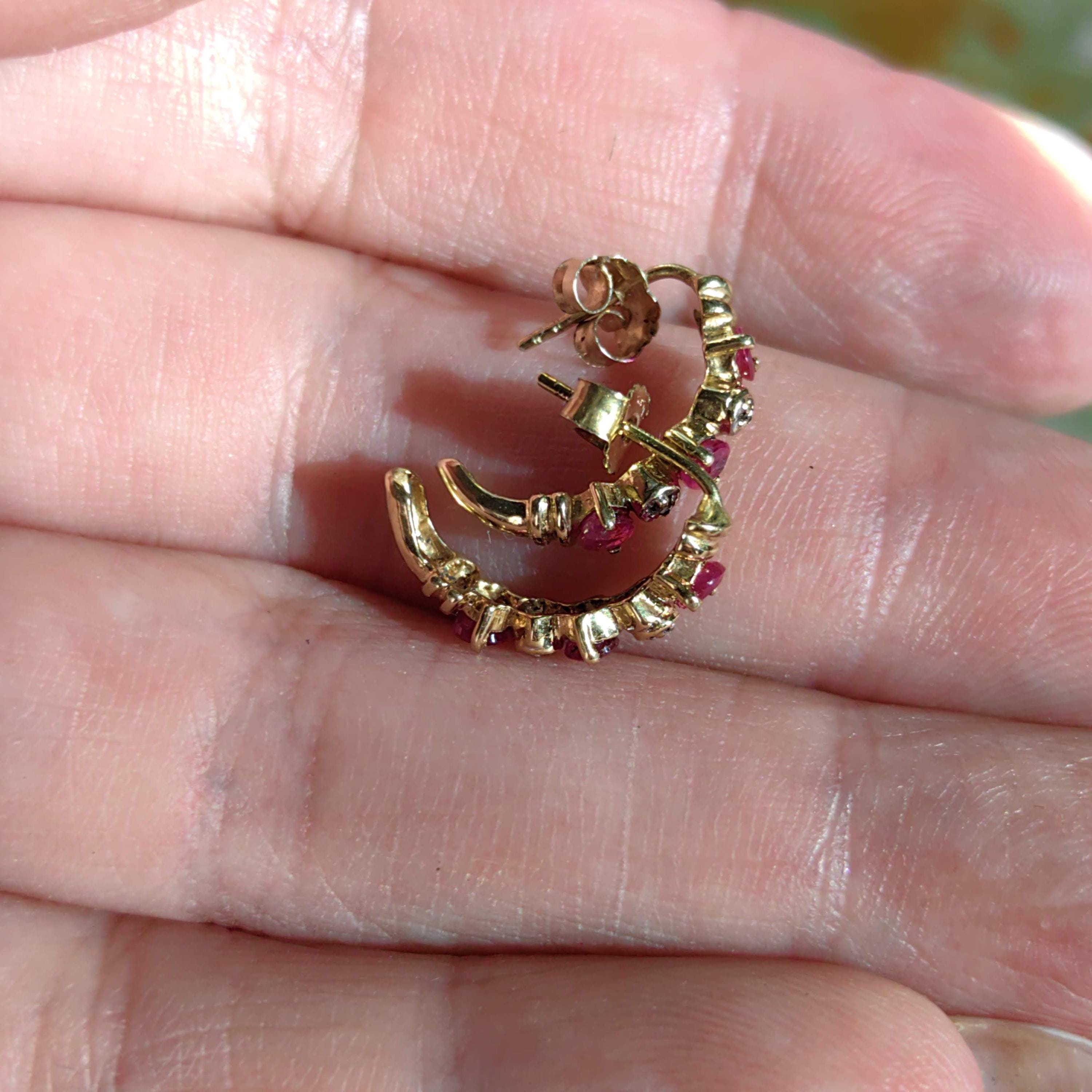 Vintage 14k Yellow Gold Ruby & Diamond Hoop Earrings