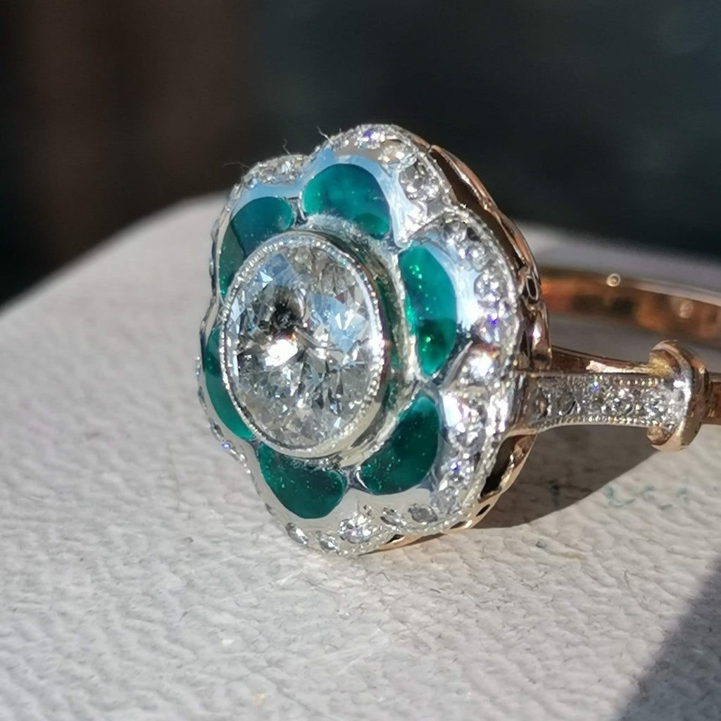 Art Deco Diamond Enamel Ring: 2.15ct Old European Cut, 14k Yellow Gold