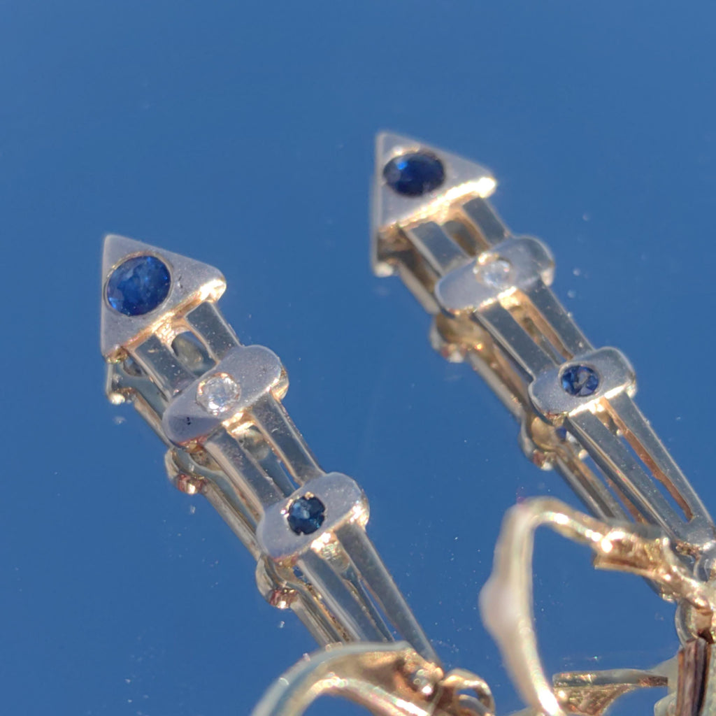 Antique Vintage Sapphire and Diamond 14k Solid Yellow Gold Mid Century Elegant Long Dangle Drop Lever Back Closure Earrings