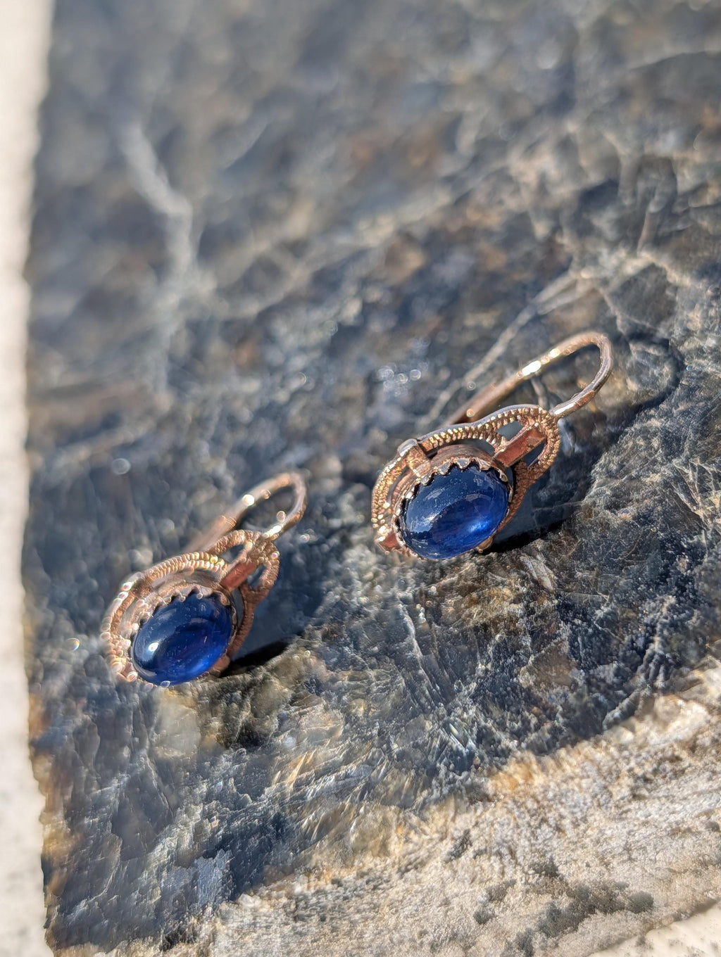 1940s Late Art Deco Natural Sapphire Cabochon 14k Yellow Gold Earrings, Vintage Dangle Lever Back Earrings, Gift for Her Present
