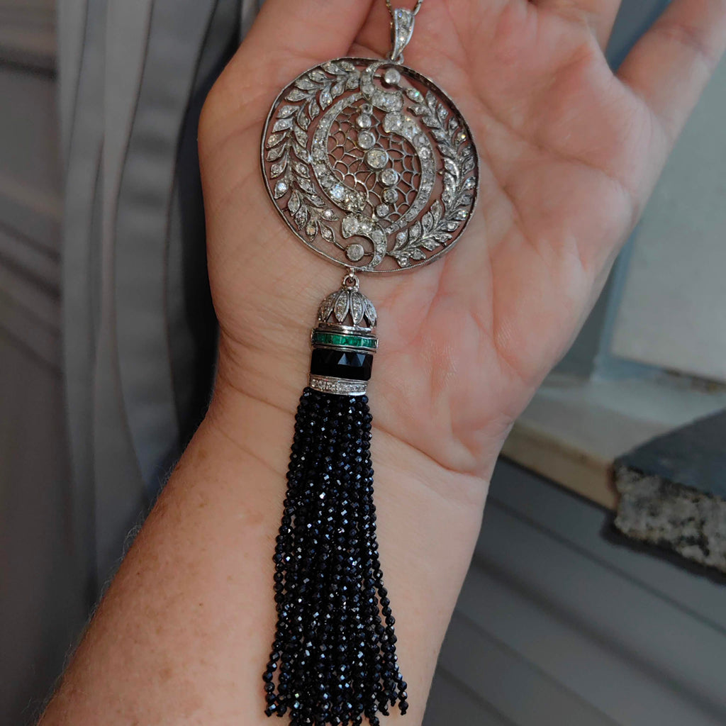 Art Deco Diamond Emerald Onyx Pendant Necklace: 14k Gold Pearl Chain