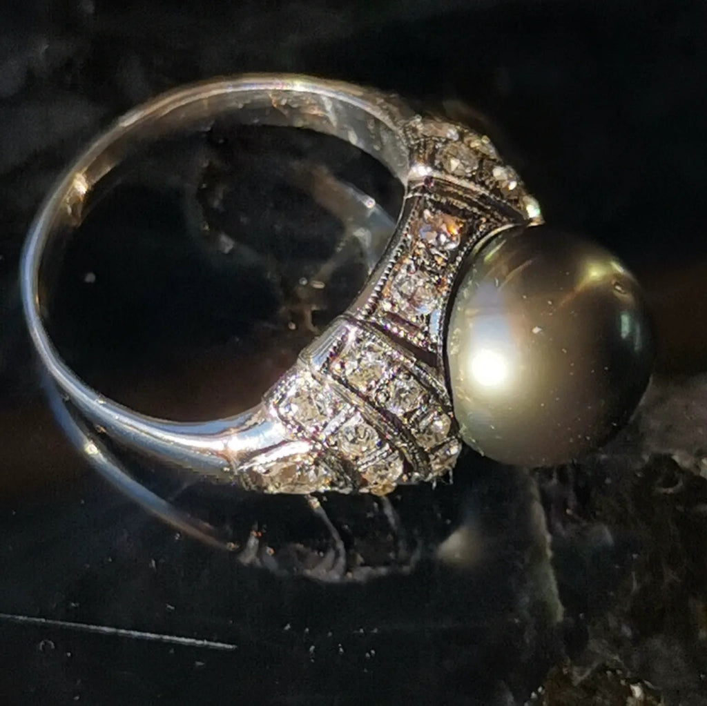 Art Deco Tahitian Pearl Diamond Ring - 1920s White Gold