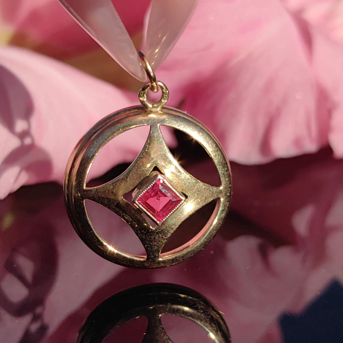 1900s Art Nouveau 14k Solid Yellow Rose Champagne Gold Pendant Lab Grown Ruby Liberty Style Elegant Medallion Gift for Her Present