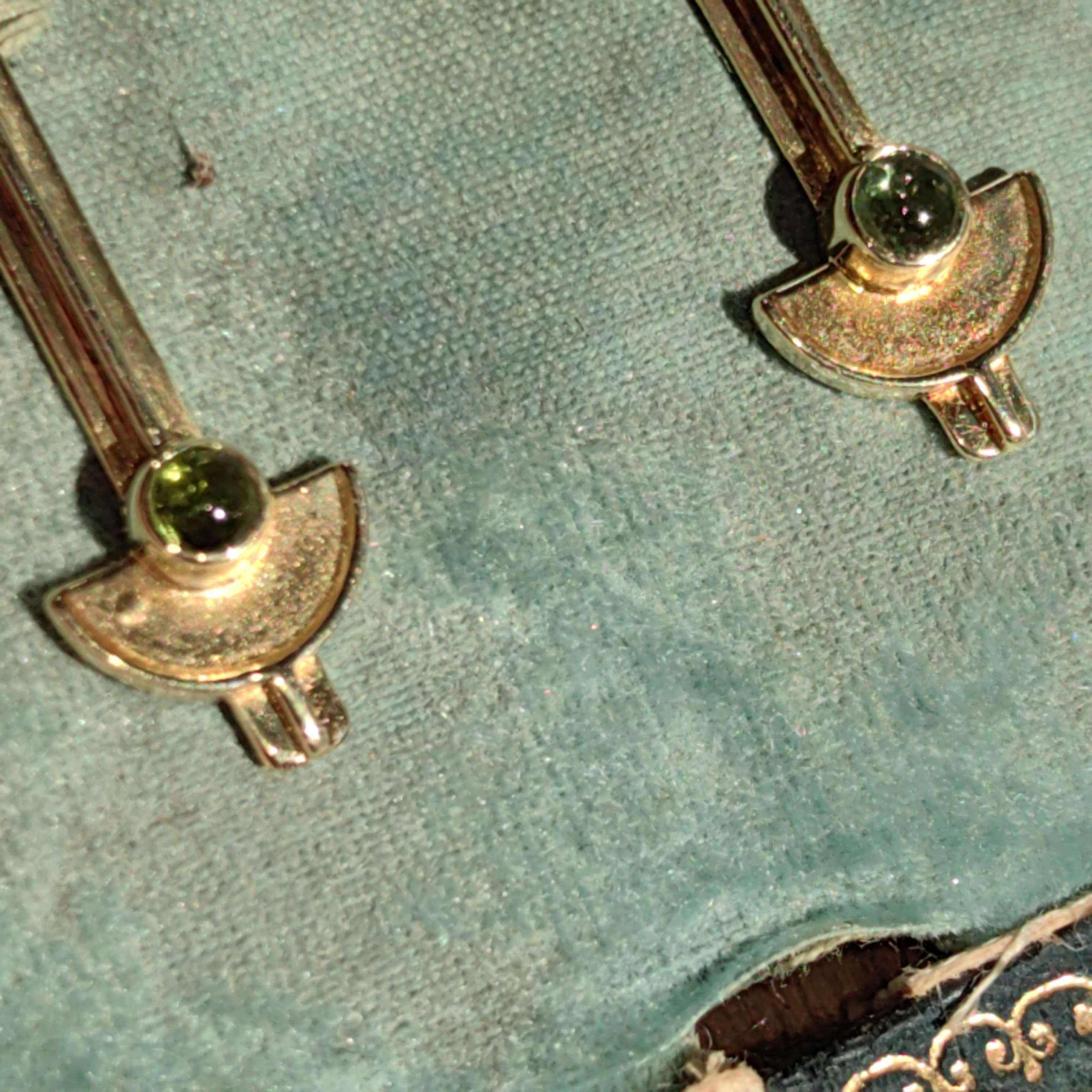 Mid Century Antique Natural Green Peridot Solid 14k Yellow Gold Dangle Drop Long Statement Elegant Geometric Earrings Gift for Her