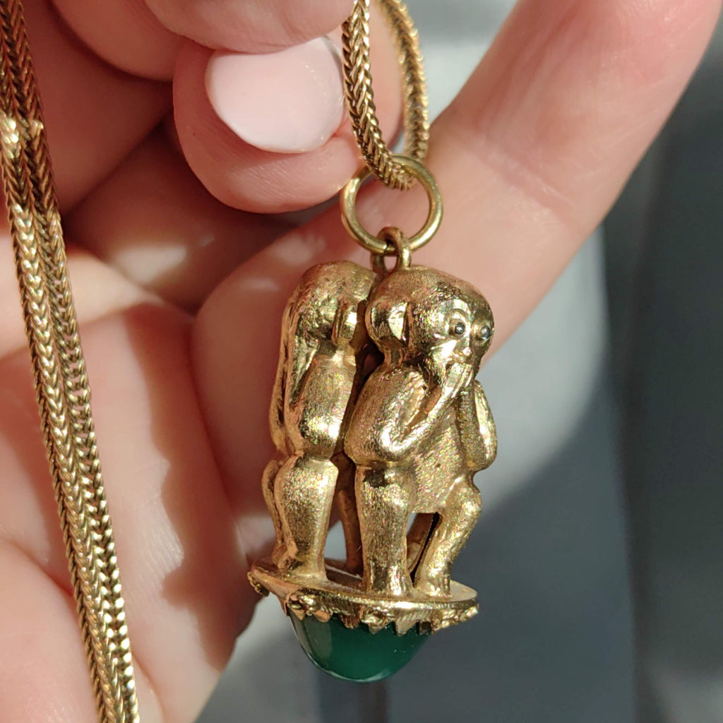 Vintage 18k Gold Three Monkey Pendant: Chrysophrase Stone Charm