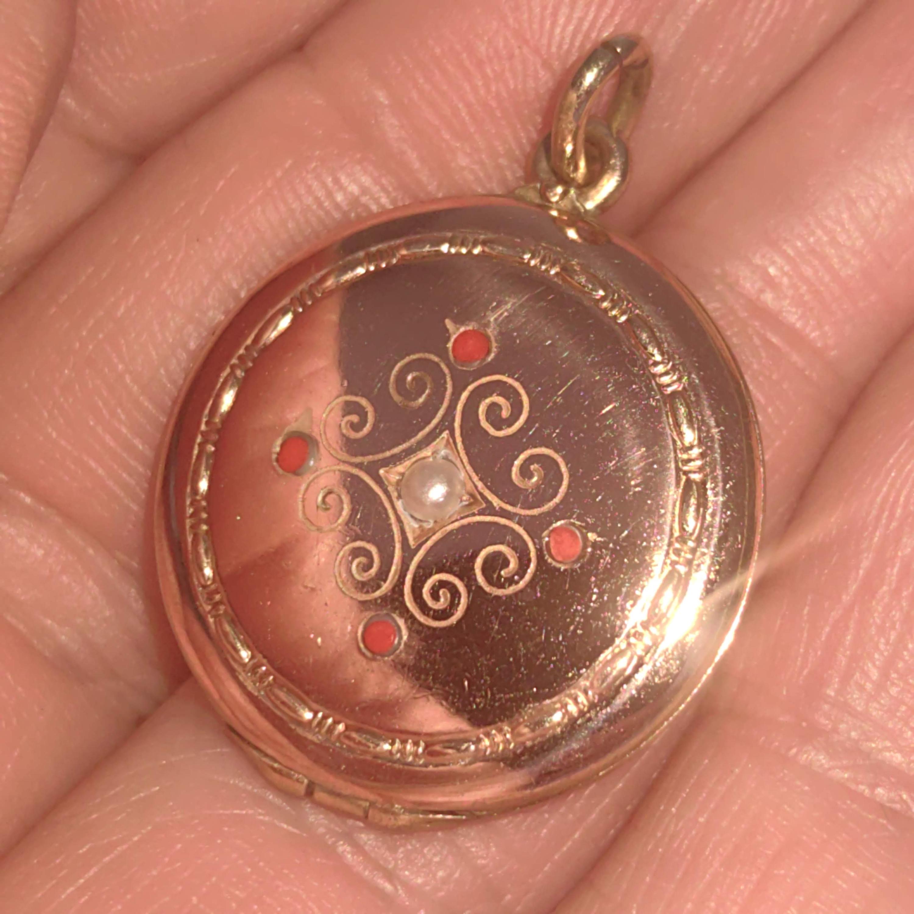 Art Nouveau 1900s Gold Plated Silver Natural Coral & Pearl Pendant Locket Necklace Pendant Picture Holder Gift present for Her Hand Chiseled