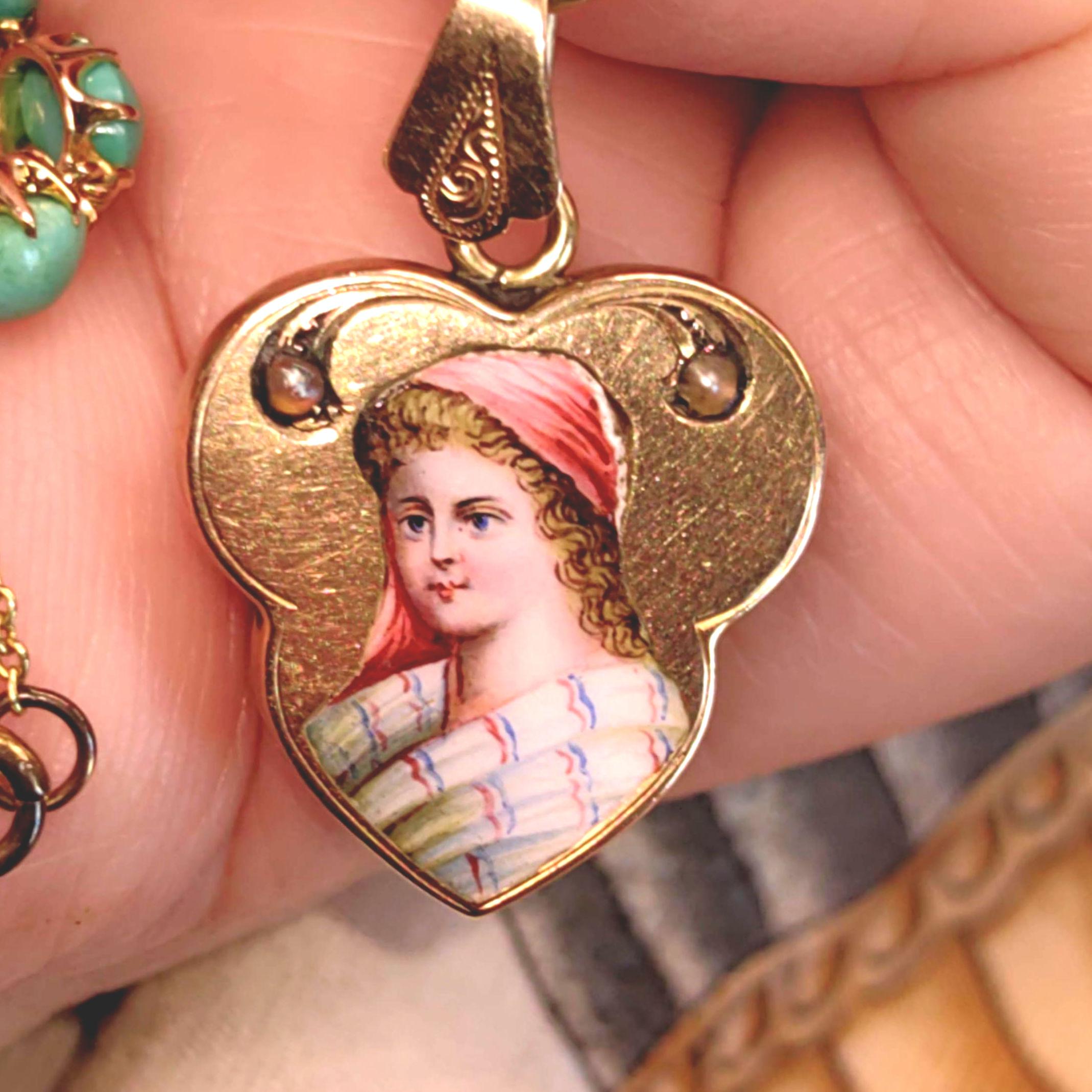 Art Nouveau 1900s  Pearl and 14k Solid Yellow Rose Champagne Gold Hand Painted Fire Enamel Women Portrait Miniature Pendant Gift for Her
