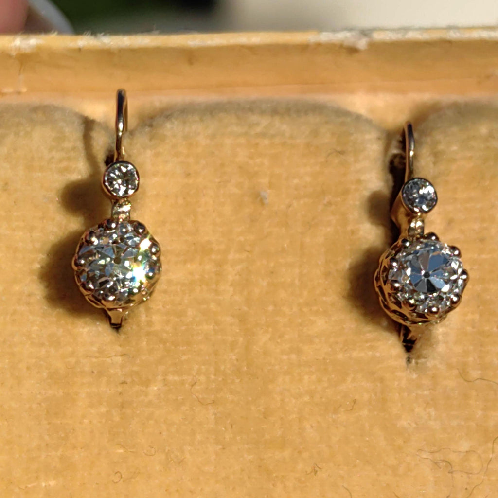 1880s Victorian 14K Champagne Gold Diamond Sleeper Earrings: Antique Dormeuse