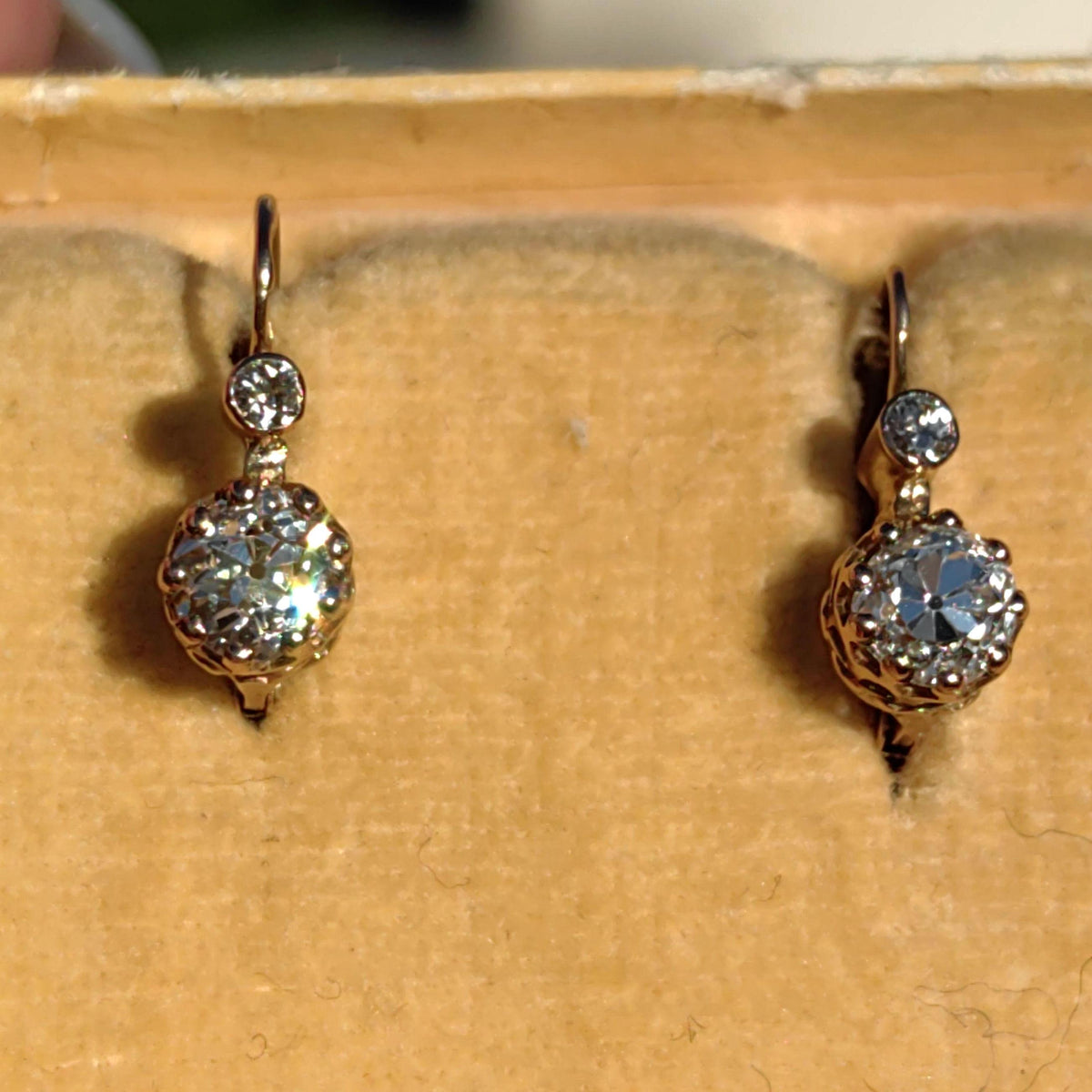 1880s Victorian 14K Champagne Gold Diamond Sleeper Earrings: Antique Dormeuse