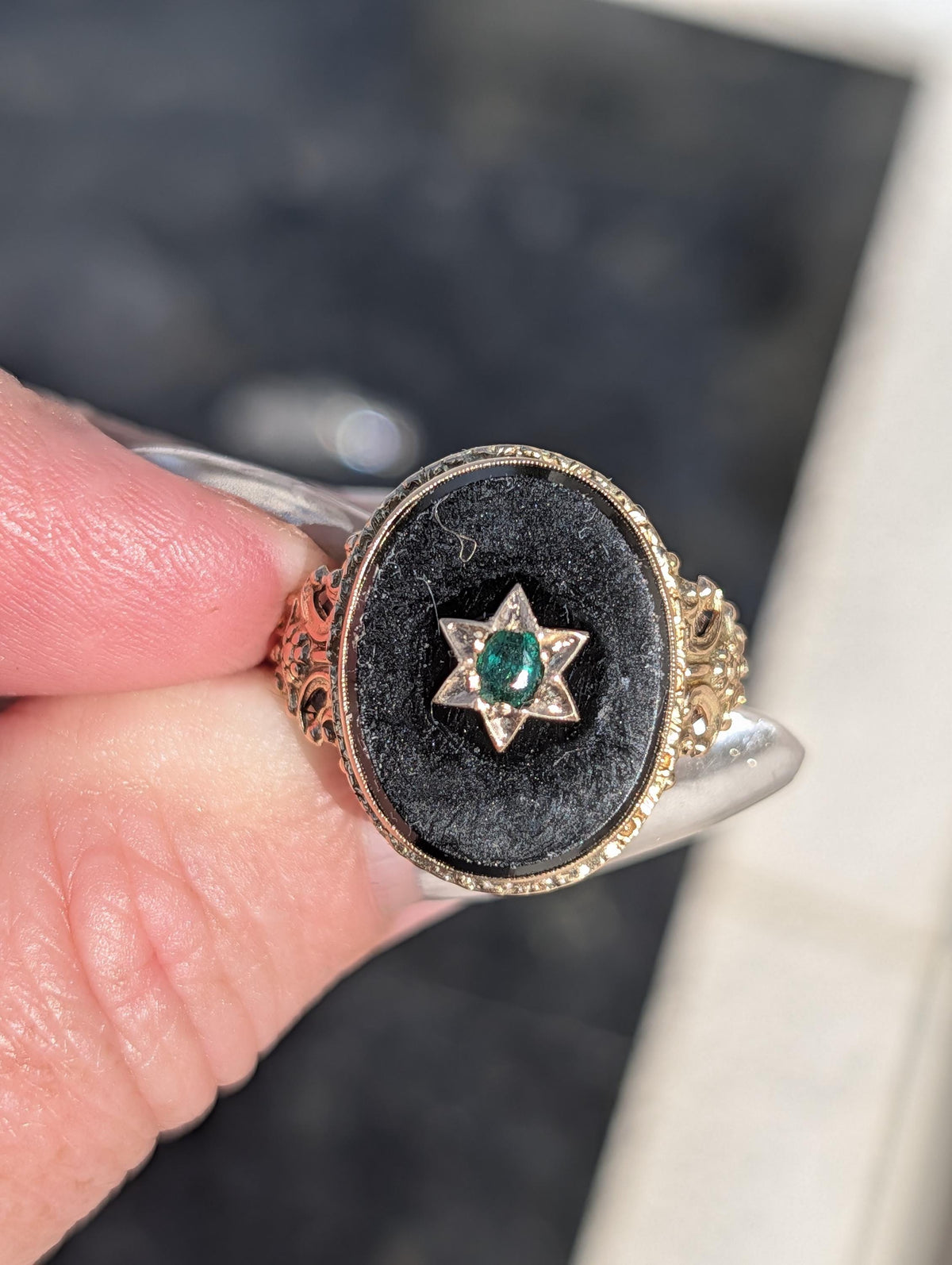 1920s Art Deco Natural Emerald Black Onyx 14k Gold Judaica Star of David Ring, Antique Geometric Statement Ring, Gift for Her