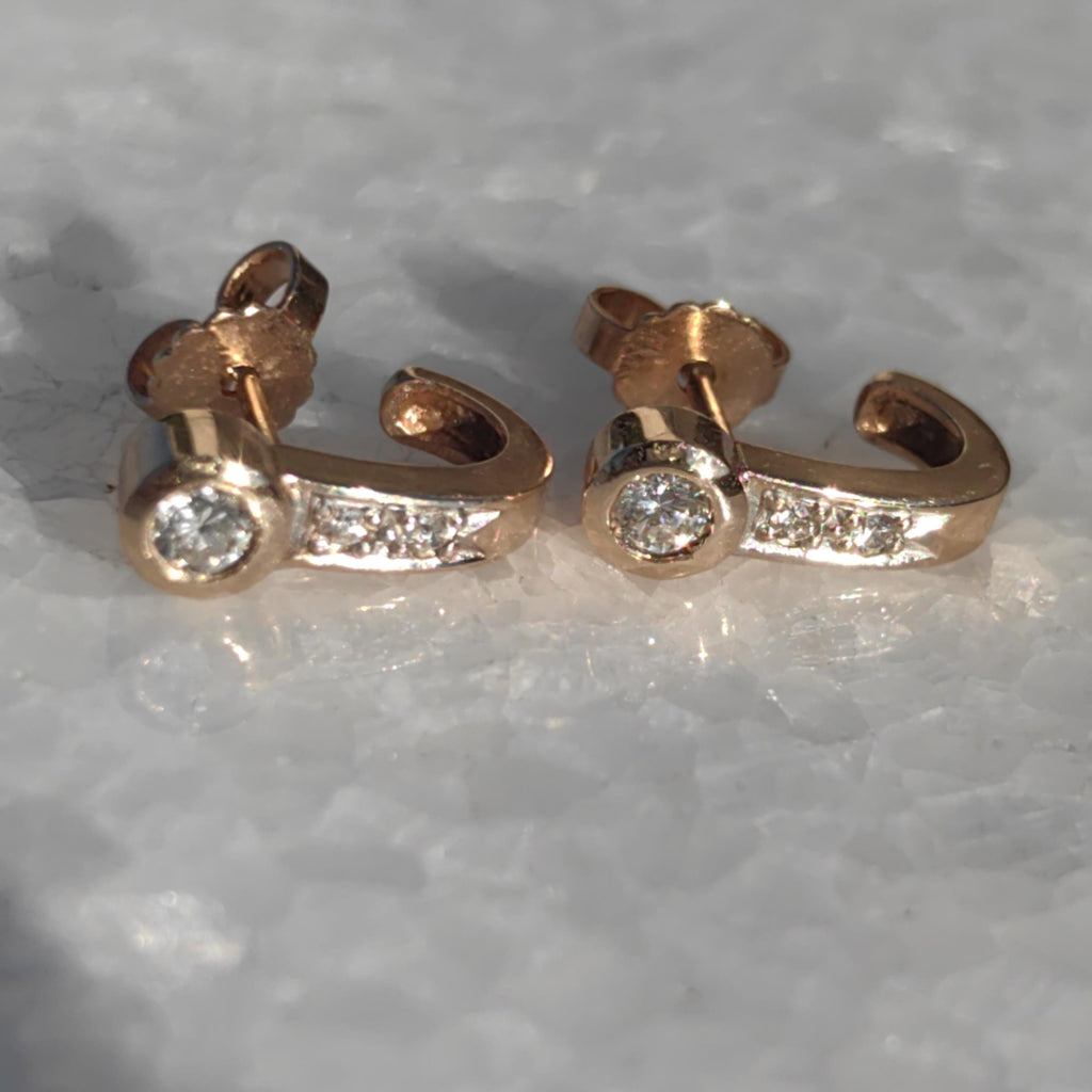Natural Diamond Stud Earrings 14k Solid  Yellow Gold Geometric Vintage Push Back Closure Dainty Elegant Gift for Her Present