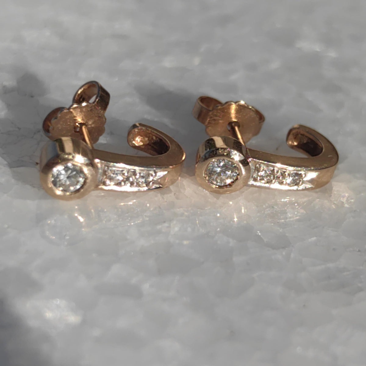 Natural Diamond Stud Earrings 14k Solid  Yellow Gold Geometric Vintage Push Back Closure Dainty Elegant Gift for Her Present