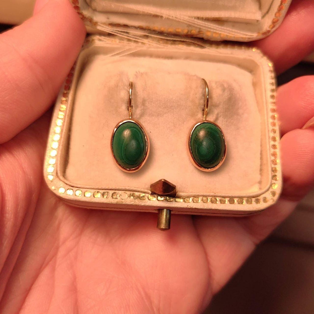 Vintage Art Nouveau Malachite 14k Gold Earrings
