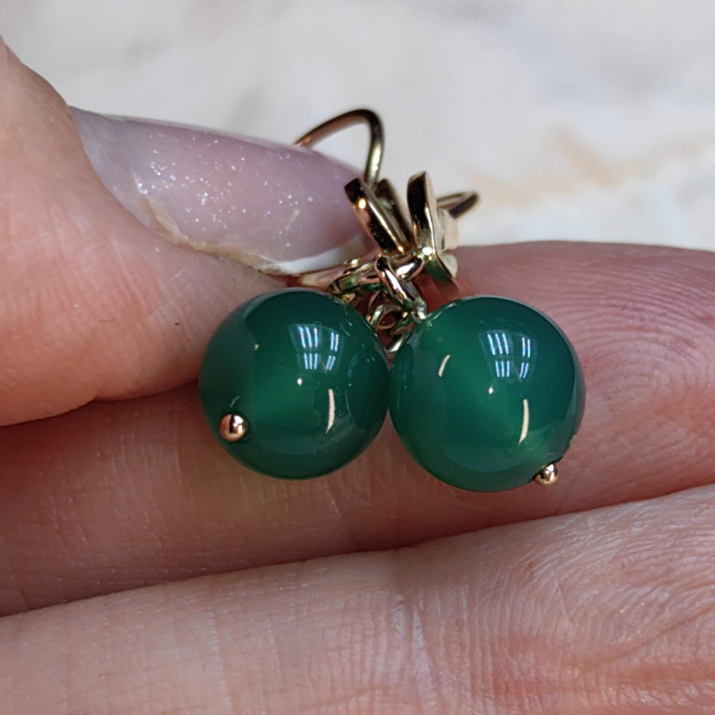 Green Chalcedony 14k Gold Earrings: Vintage 1950s Dormeuse Style