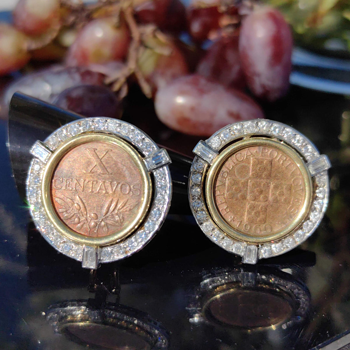 Art Deco 1940s Antique Vintage Diamond Coin 10 Centavos 14k Hallmarked Gold Stud Statement Earrings Gift for Her Present