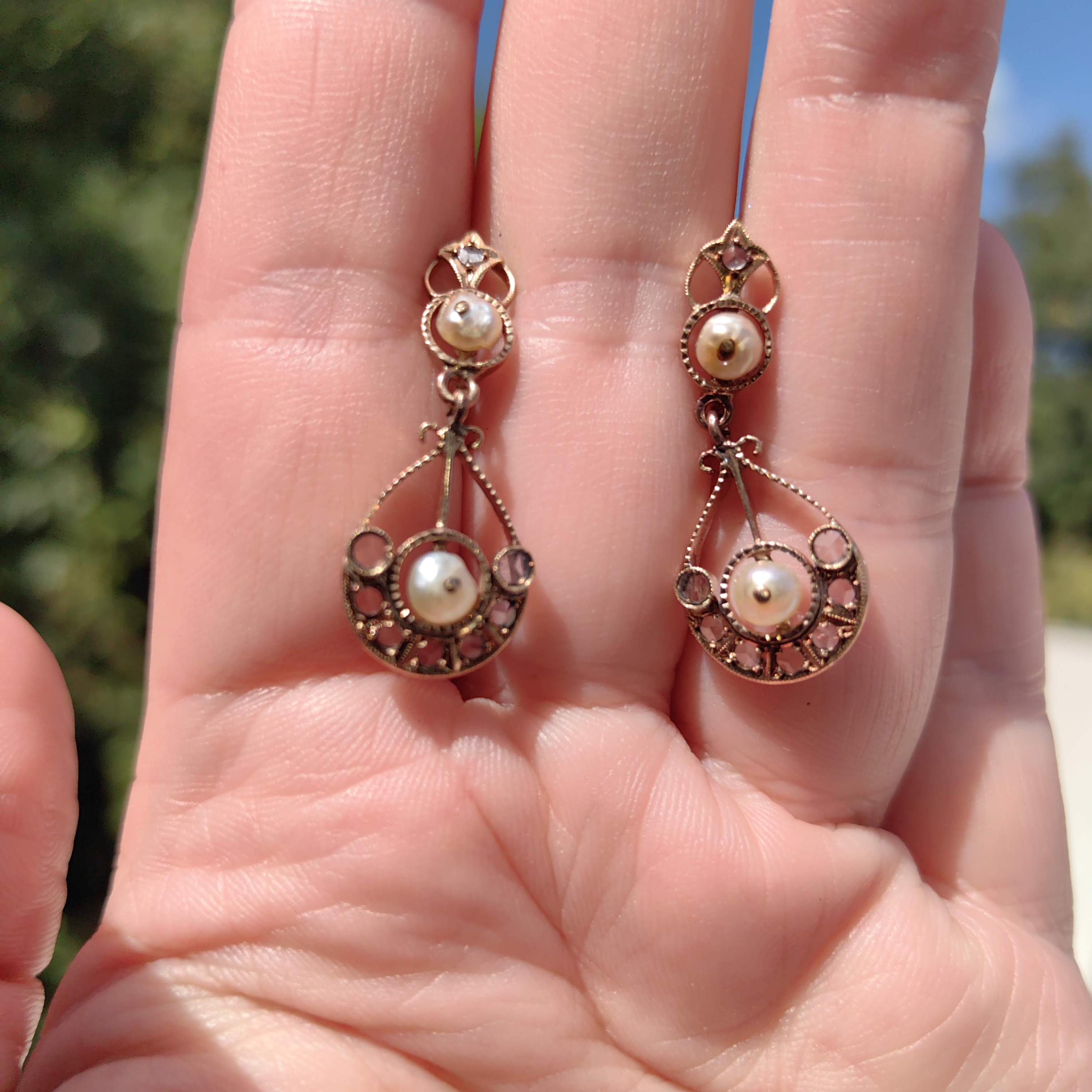 Antique 18k Gold Pearl Rose Cut Diamond Earrings: Victorian Dangle Drop