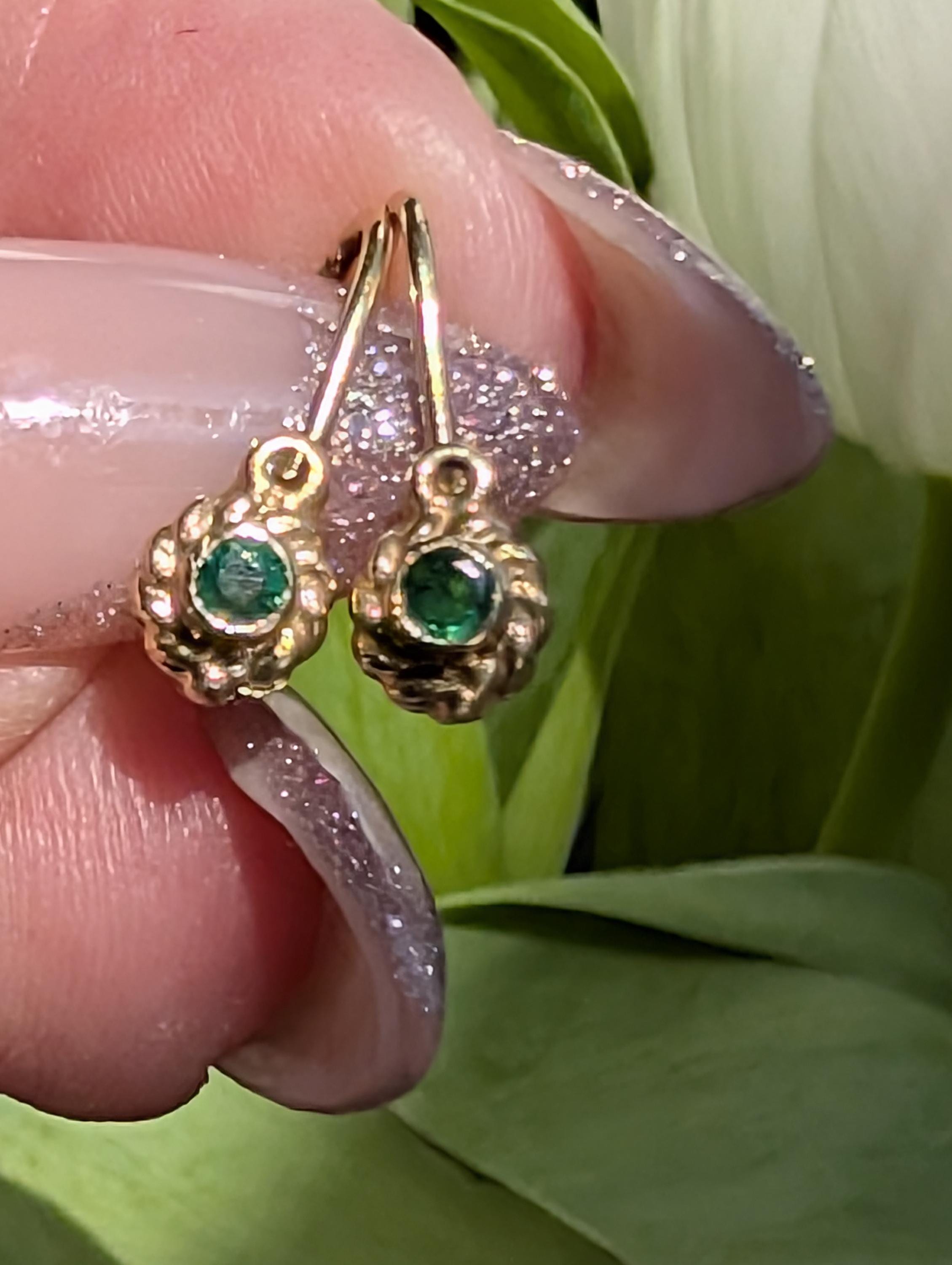 14k 585 Hallmarked Gold Heart Natural Emerald Solid Hallmarked Yellow Champagne 1950s Mid Century Dormouse Gift for her Antique Earrings