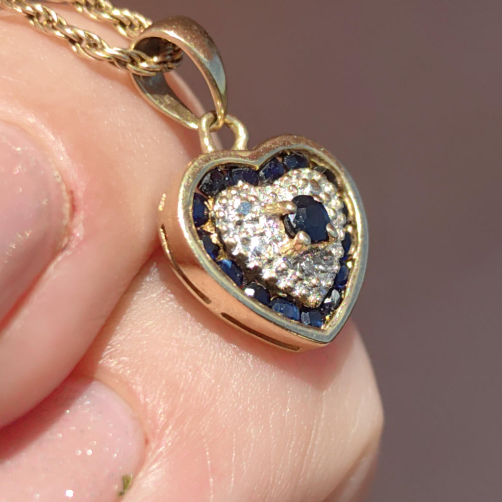 Sapphire Diamond 14k Yellow Gold Heart Pendant - Vintage Charm