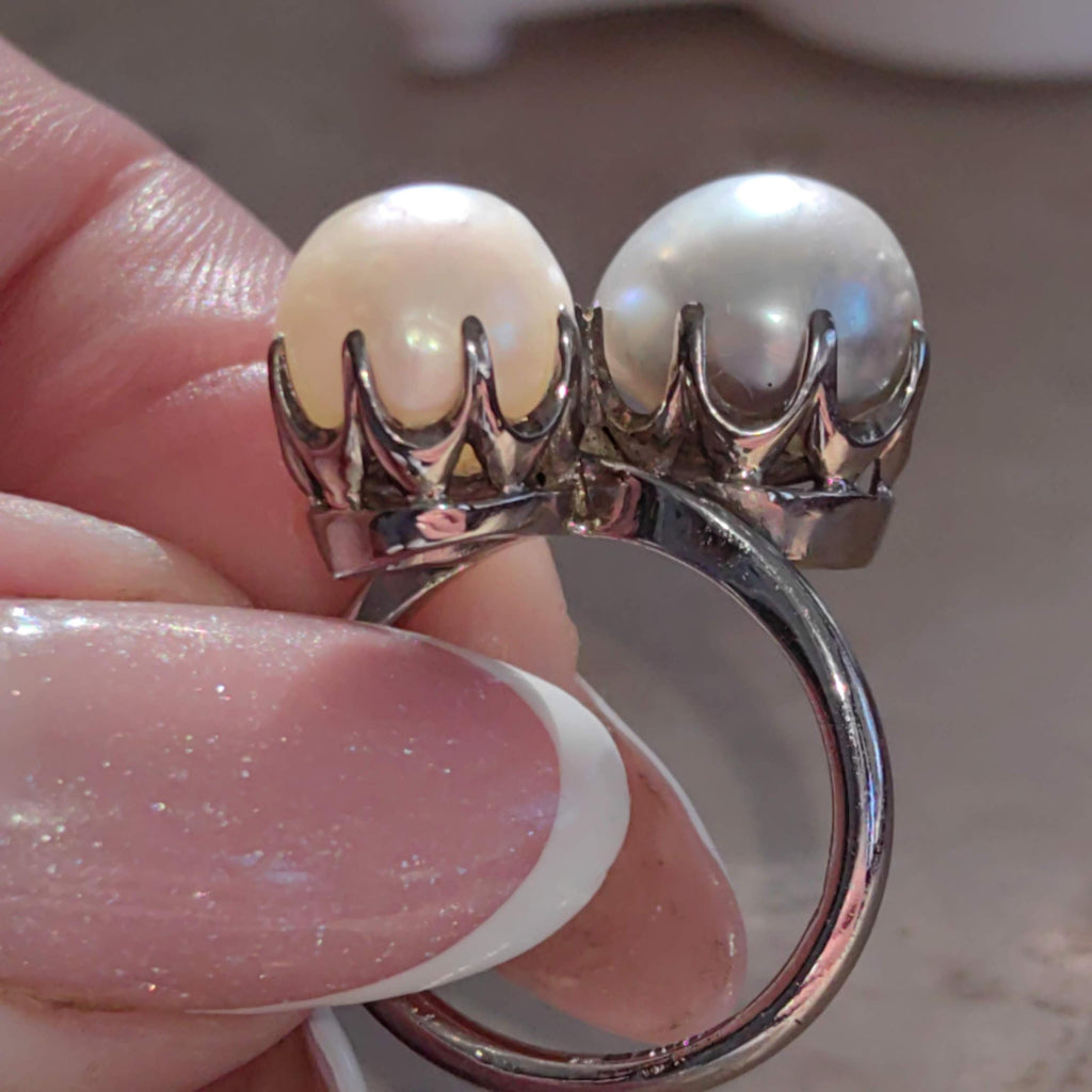 Antique Platinum Two-Tone Pearl Cocktail Ring - Size 5.5