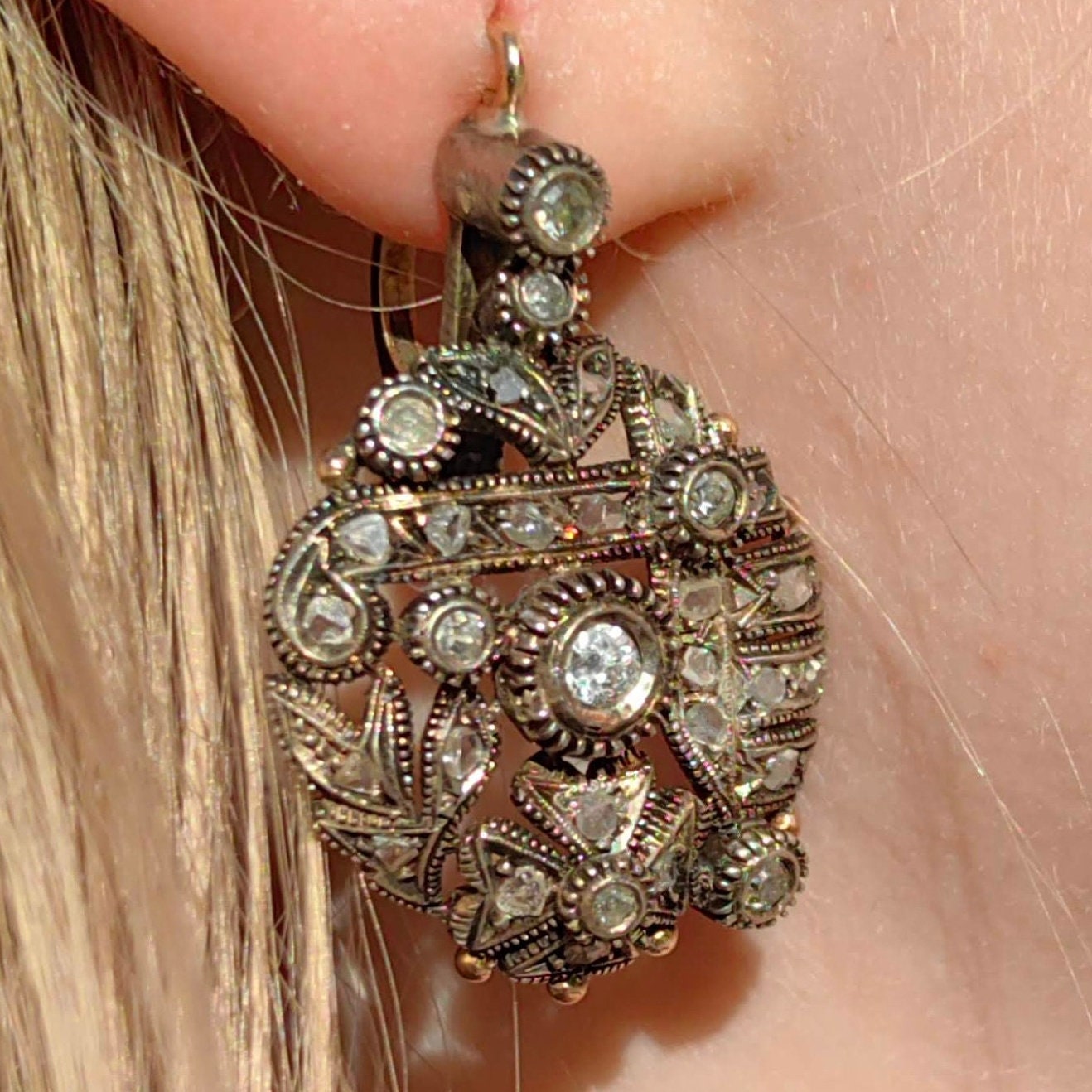 Art Deco 1920s Antique Vintage Diamond in Silver Setting Gold Statement Earrings