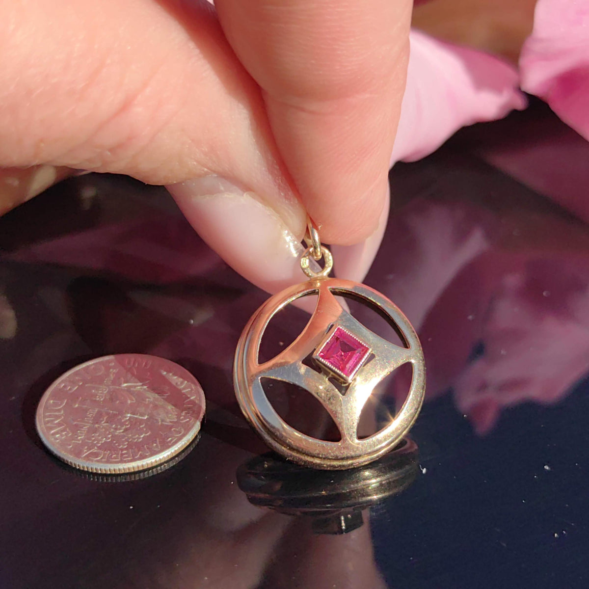 1900s Art Nouveau 14k Solid Yellow Rose Champagne Gold Pendant Lab Grown Ruby Liberty Style Elegant Medallion Gift for Her Present