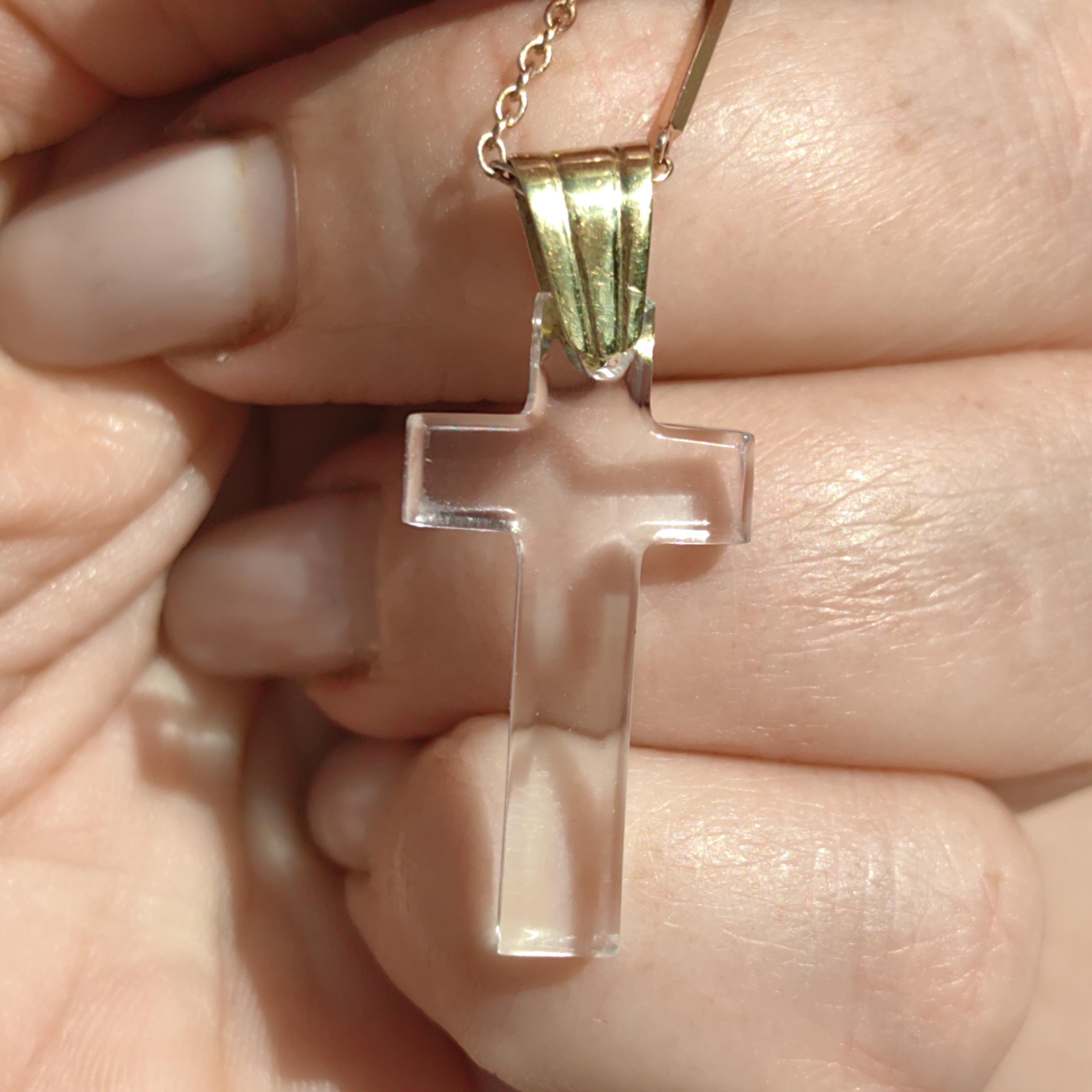 Vintage Solid 18k Yellow Gold Natural Rock Crystal Elegant Crucifix Pendant Christian Catholic Latin Cross Charm Gift