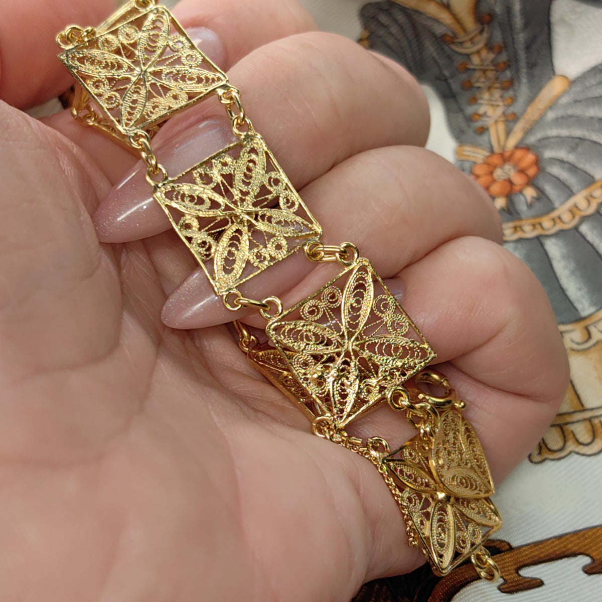 1940s s Antique Vintage 24k Gold Plated Hallmarked 925 Sterling Silver Handmade Filigree Chain Square link Bracelet gift for her wife girl