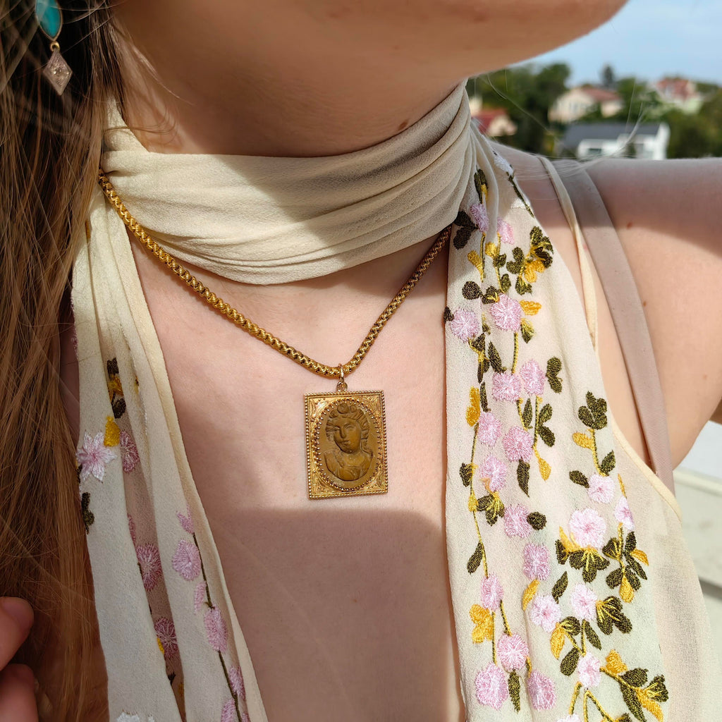Antique Hand Carved Lava Cameo Pendant: 14k Solid Gold Framed Relief