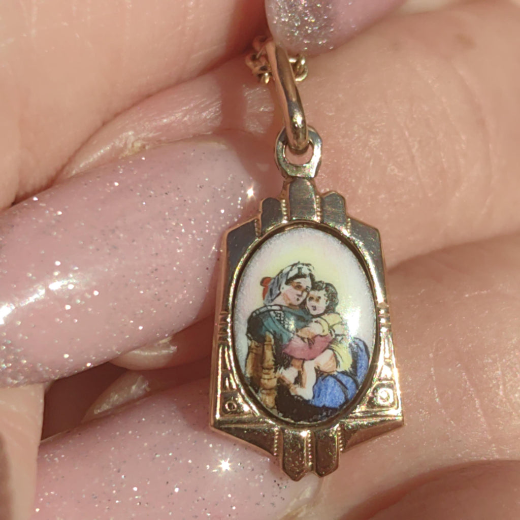 14k Gold Virgin Mary Pendant: Antique Art Nouveau Enamel