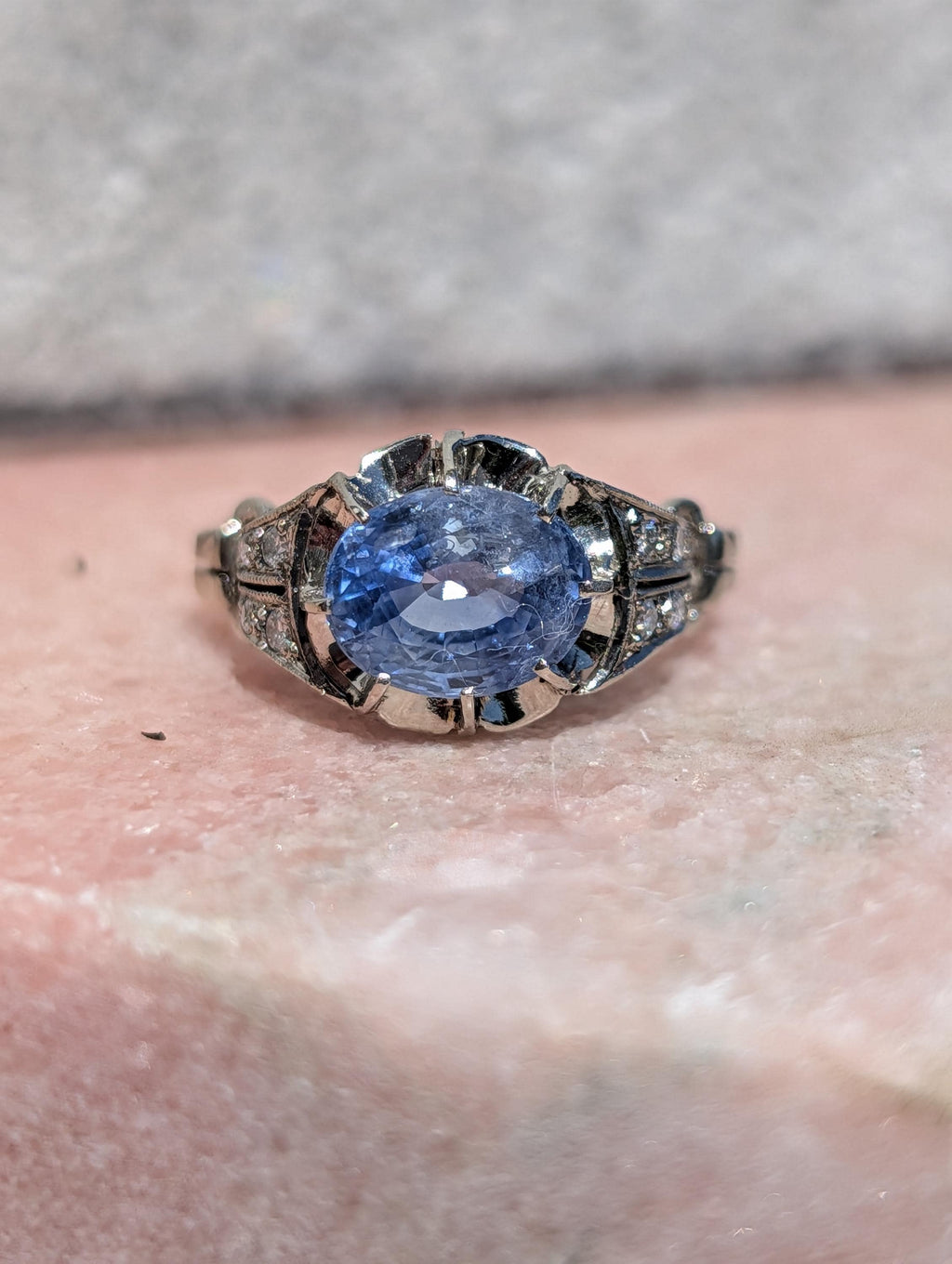 1910s Edwardian Natural Sapphire Diamond Ring 14k White Gold Cornflower Genuine Blue Sapphire Engagement Art Deco, Size 7.5 US.