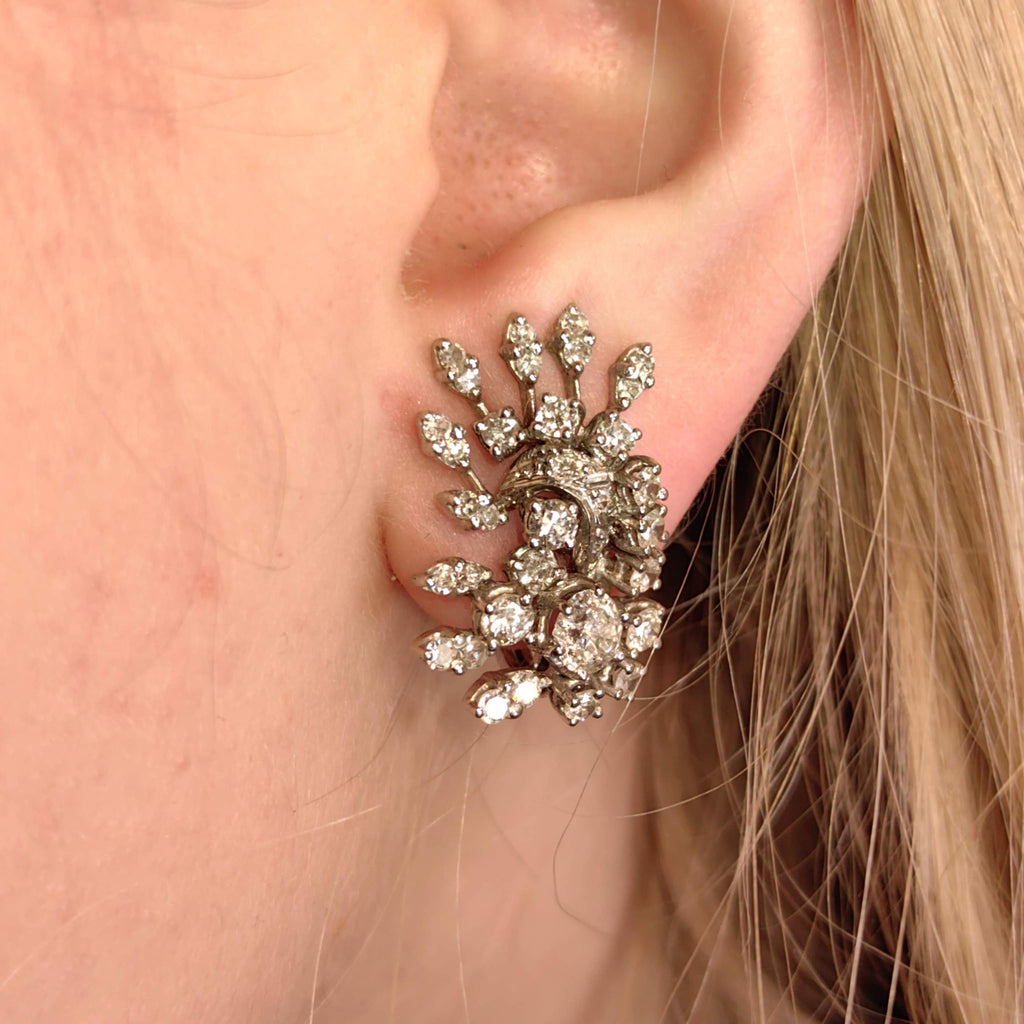 Late Art Deco 1940s Diamond Hallmarked 18k Solid White Gold Antique Wedding Elegant Drop Dangle statement Earrings Gift for Her Present