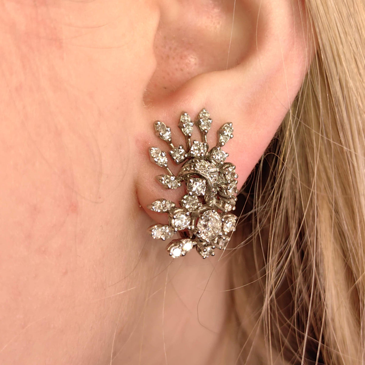 Late Art Deco 1940s Diamond Hallmarked 18k Solid White Gold Antique Wedding Elegant Drop Dangle statement Earrings Gift for Her Present
