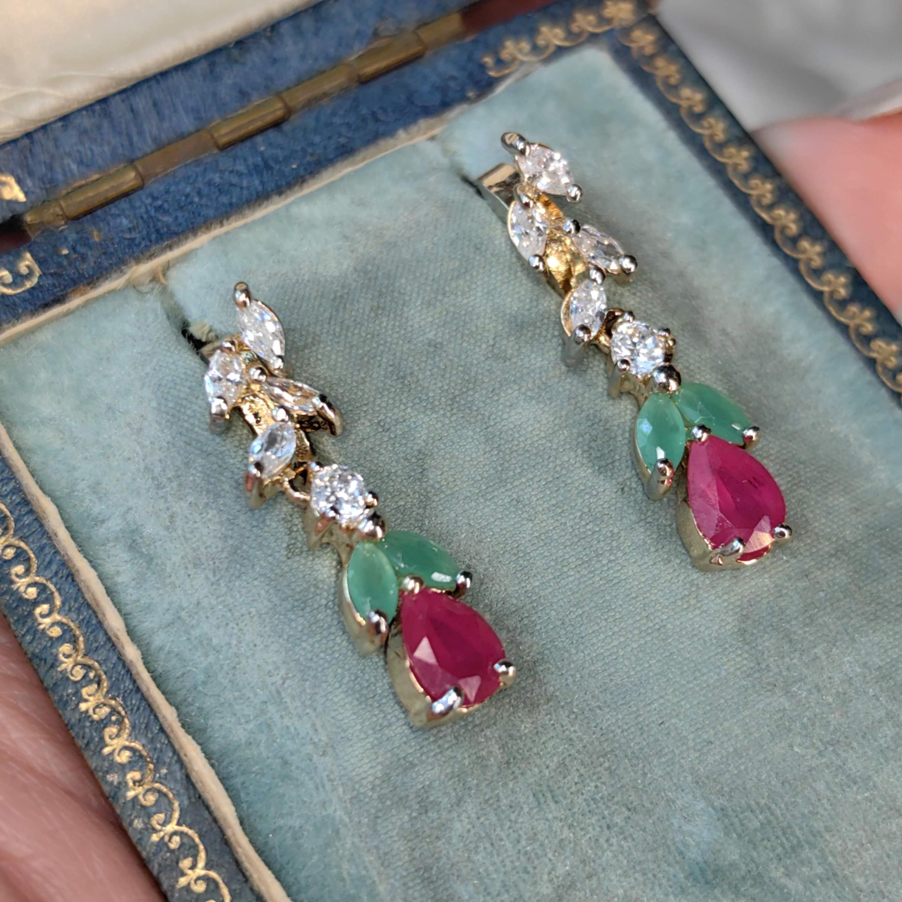 9k Gold Floral Dangle Earrings: Ruby, Emerald & Cubic Zirconia