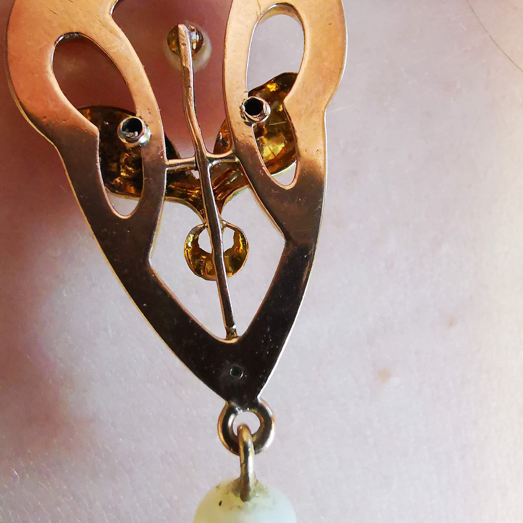 Art Nouveau 1900s French Pearl and 14k Solid Yellow Rose Champagne Gold Enamel Floral Statement Pendant Elegant Gift for Her
