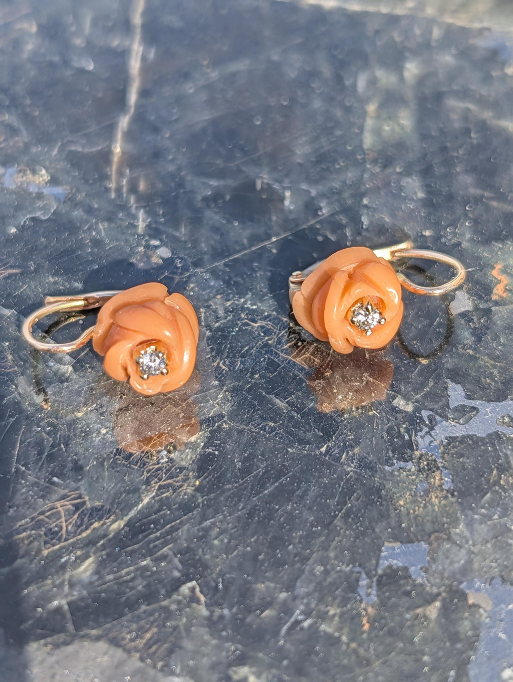 1950s Mid Century Hand Carved Coral Diamond 14k Gold Rose Earrings, Handmade Delicate Floral Lever Back Sleepers Earrings, Gift for Her