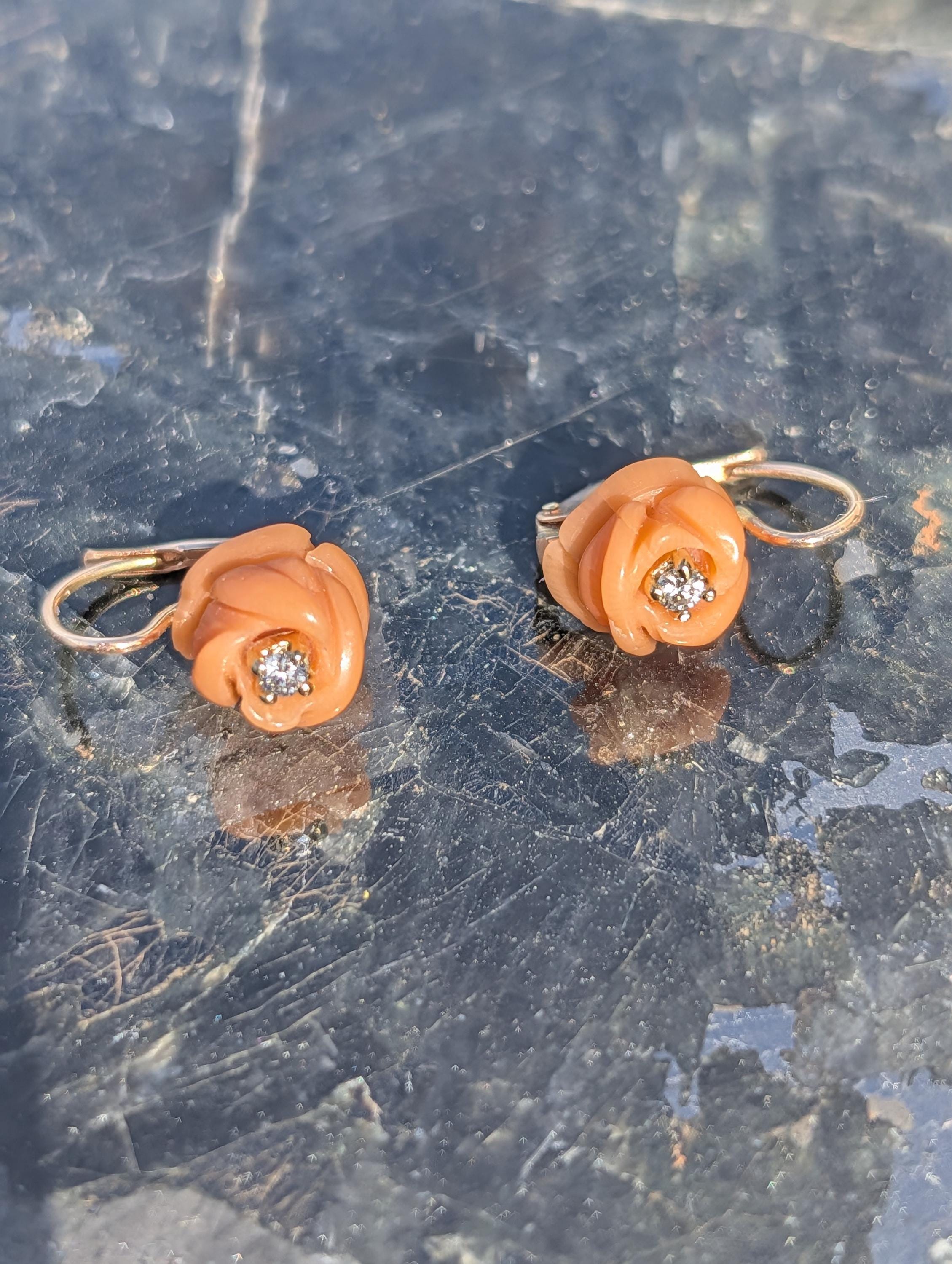 1950s Mid Century Hand Carved Coral Diamond 14k Gold Rose Earrings, Handmade Delicate Floral Lever Back Sleepers Earrings, Gift for Her