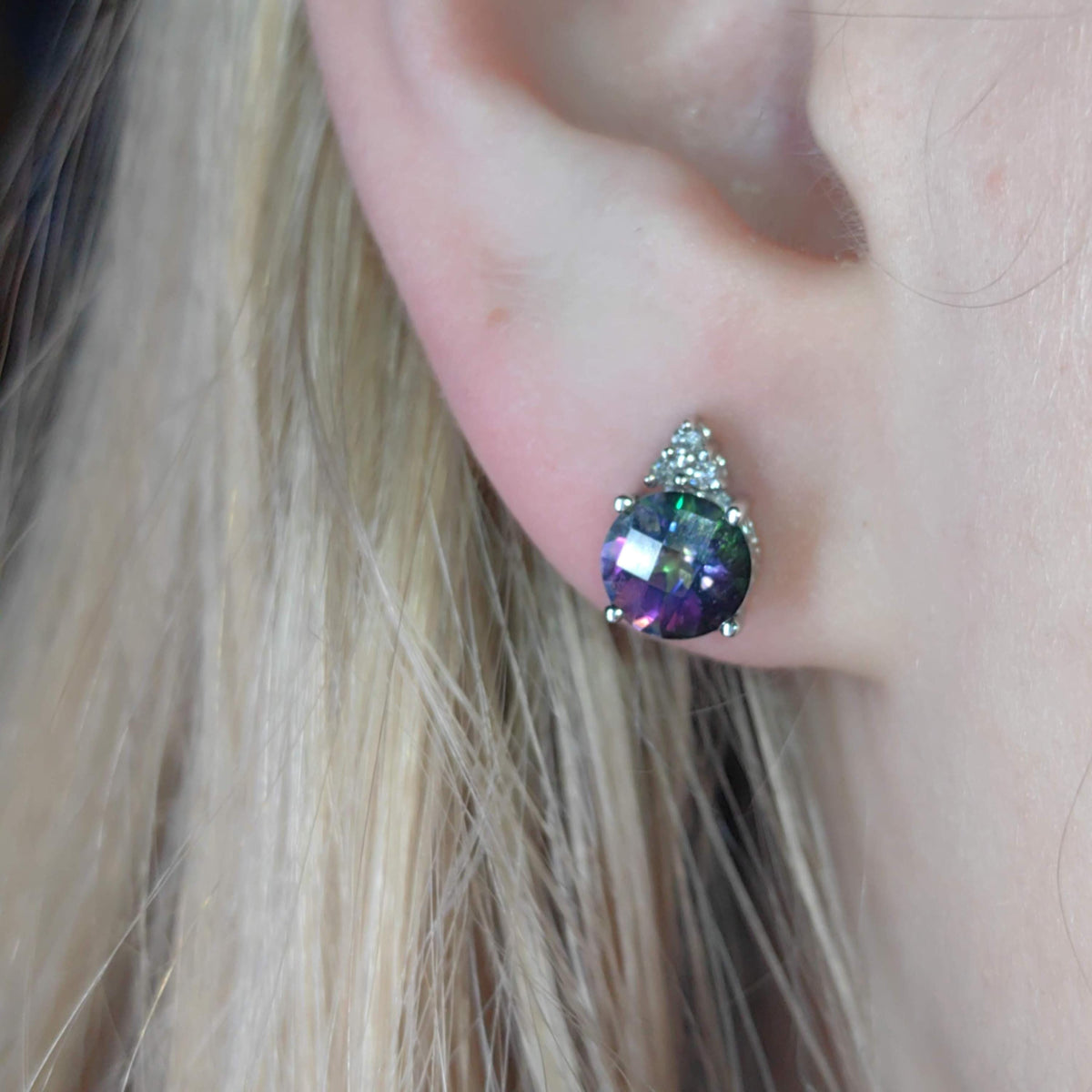 Mystic Topaz Diamond White Gold 14k Solid Gold Stud Cluster Antique Vintage Earrings