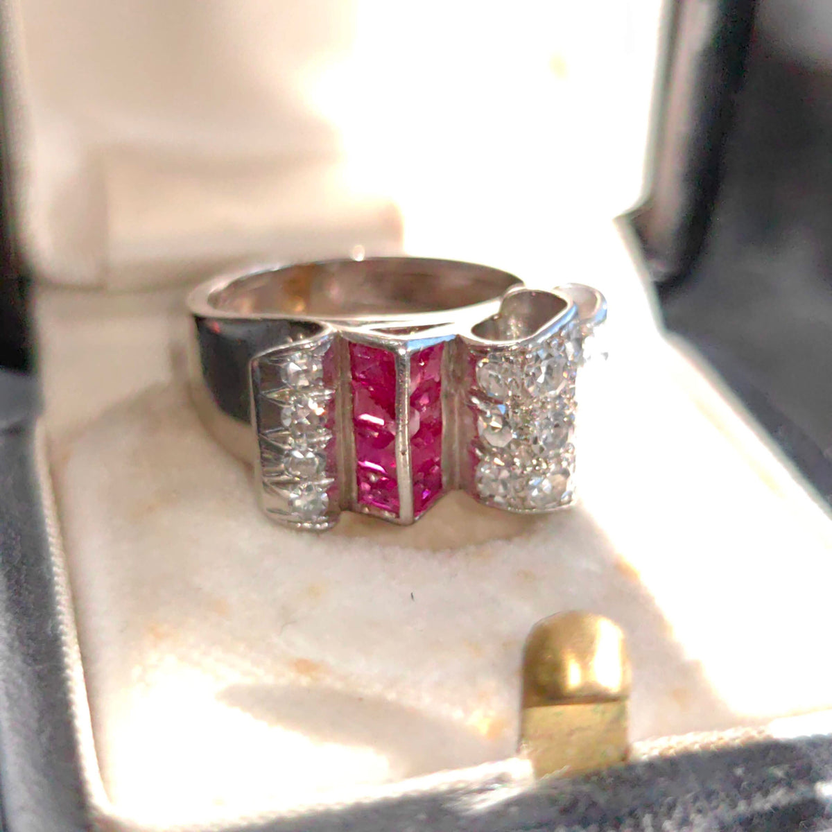 1930s Art Deco Platinum Ring: Ruby Diamond Chevalier Statement Ring