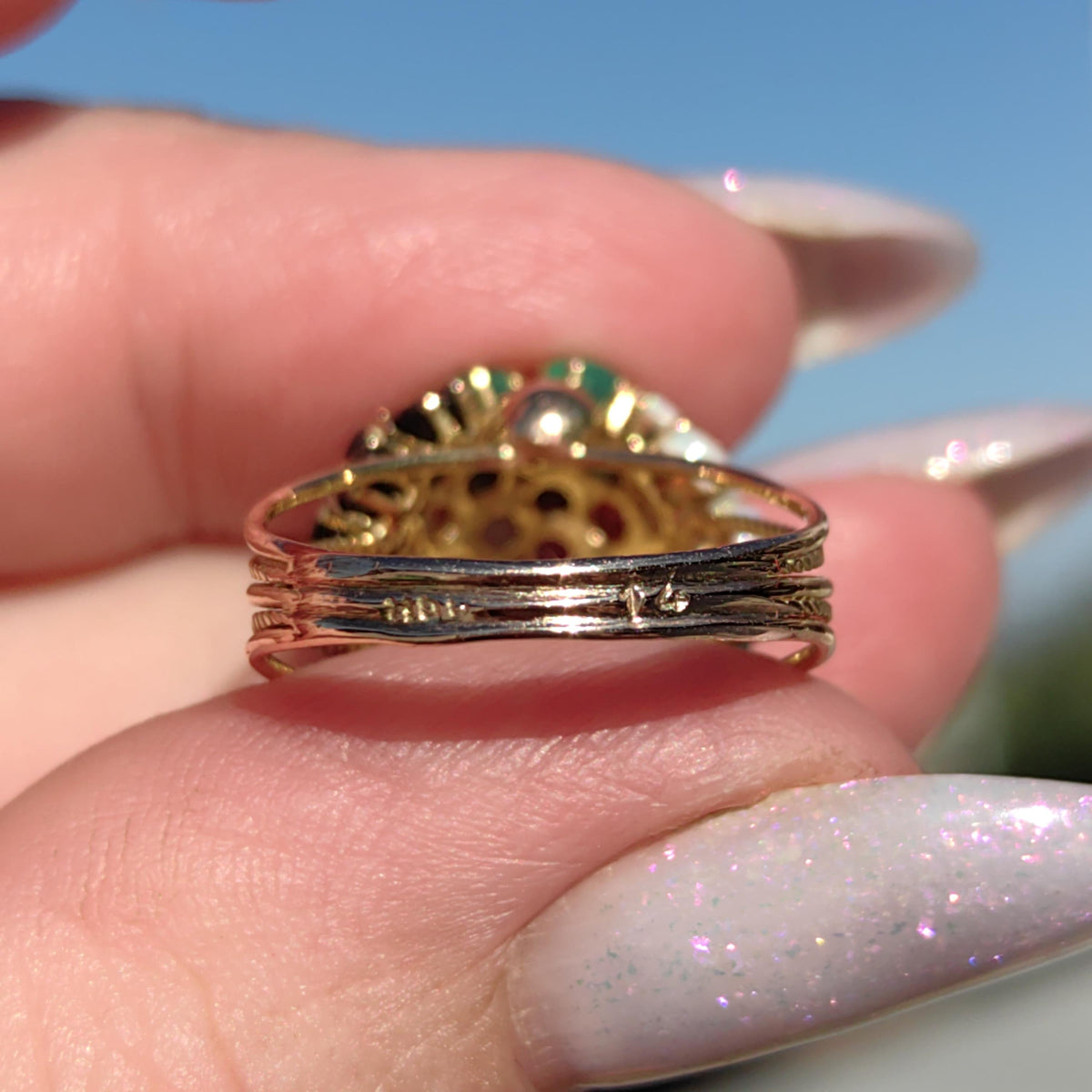 14k Gold Multi-Stone Bombe Ring: Emerald, Ruby, Opal, Sapphire Floral Design